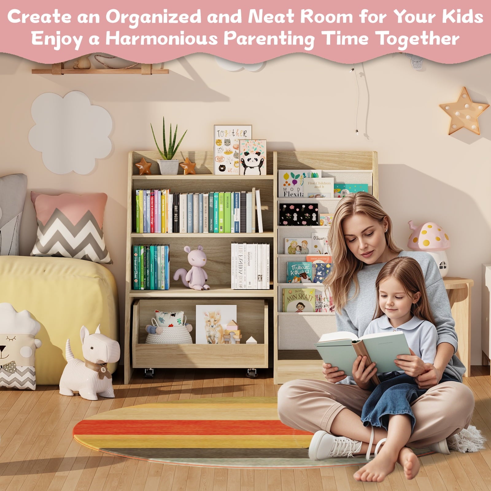 4-Tier Kids Bookshelf and Toy Storage, Book Shelf for Kids Rooms, Wooden bookcase for Toddler Children Baby in Nursery Playroom Living Room - Idea Gifts for Boys and Girls (Oak)