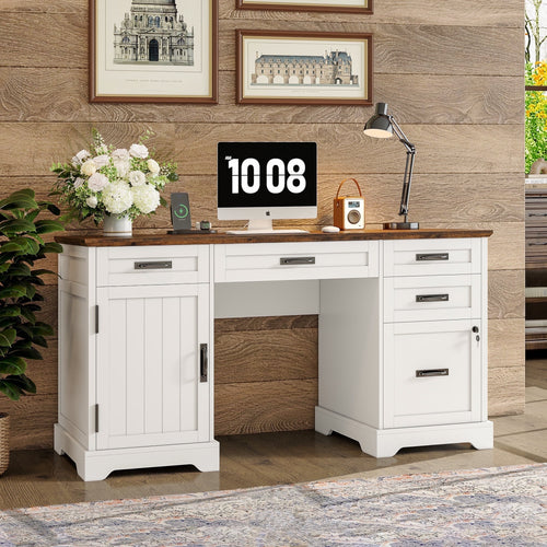 Alohappy Executive Desk with File Drawers, 55'' Farmhouse Desk Modern for Adult Home Office, White