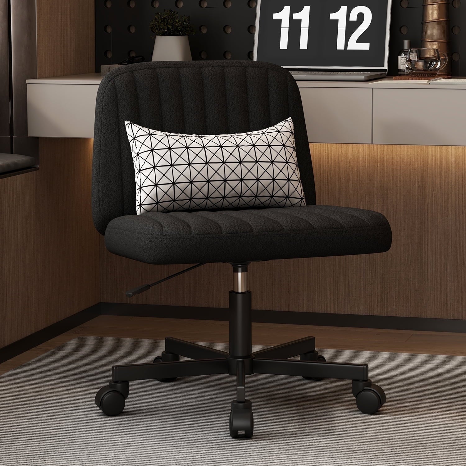 Cross Legged Office Chair,Armless Wide Seat Ergonomic Home Office Desk Chair with Wheels Swivel Home Office Desk Computer Chair for Vanity Home Office Bedroom,Black