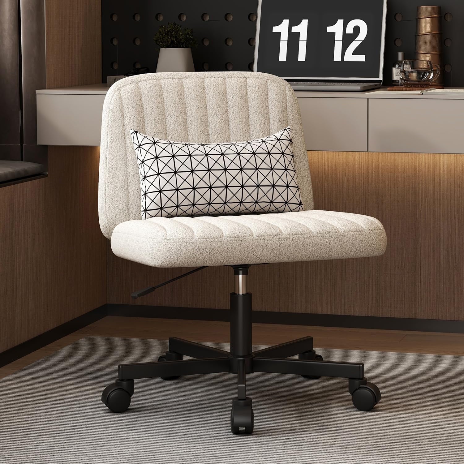 Cross Legged Office Chair,Armless Wide Seat Ergonomic Home Office Desk Chair with Wheels Swivel Home Office Desk Computer Chair for Vanity Home Office Bedroom,Black