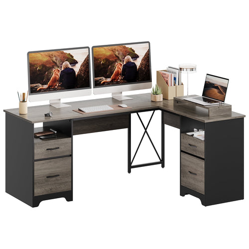 Bestier L Shaped Desk with 4 Drawers, 63" x 47" Executive Desk with Monitor Stand, File Drawers for Home Office, Gray