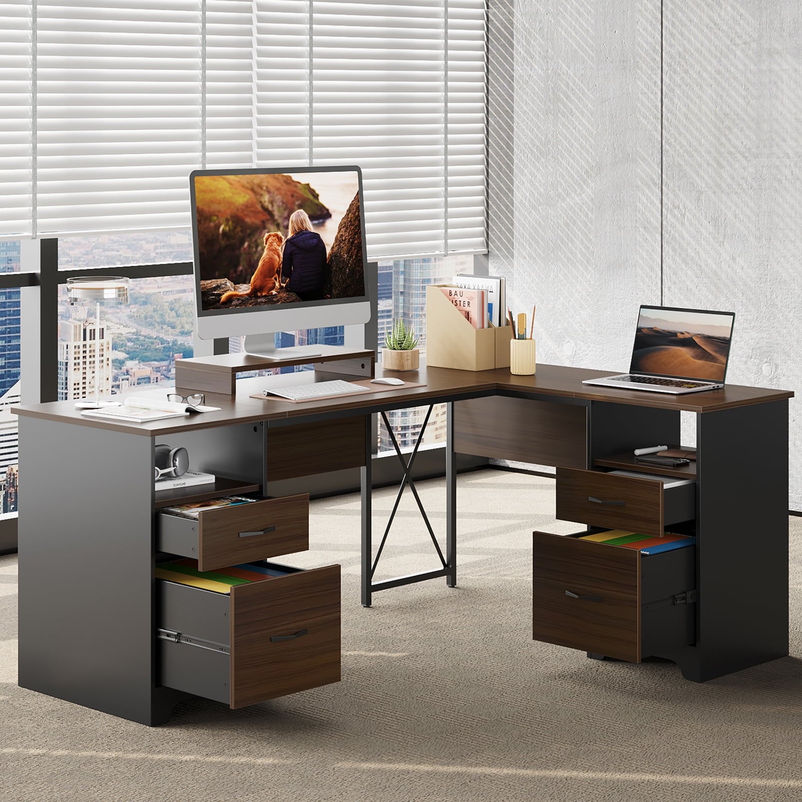 Bestier L Shaped Desk with 4 Drawers, 63" x 47" Executive Desk with Monitor Stand, File Drawers for Home Office, Gray
