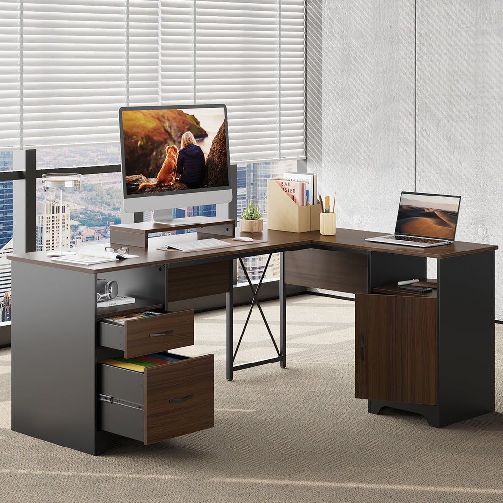 Bestier L Shaped Desk with 4 Drawers, 63" x 47" Executive Desk with Monitor Stand, File Drawers for Home Office, Gray