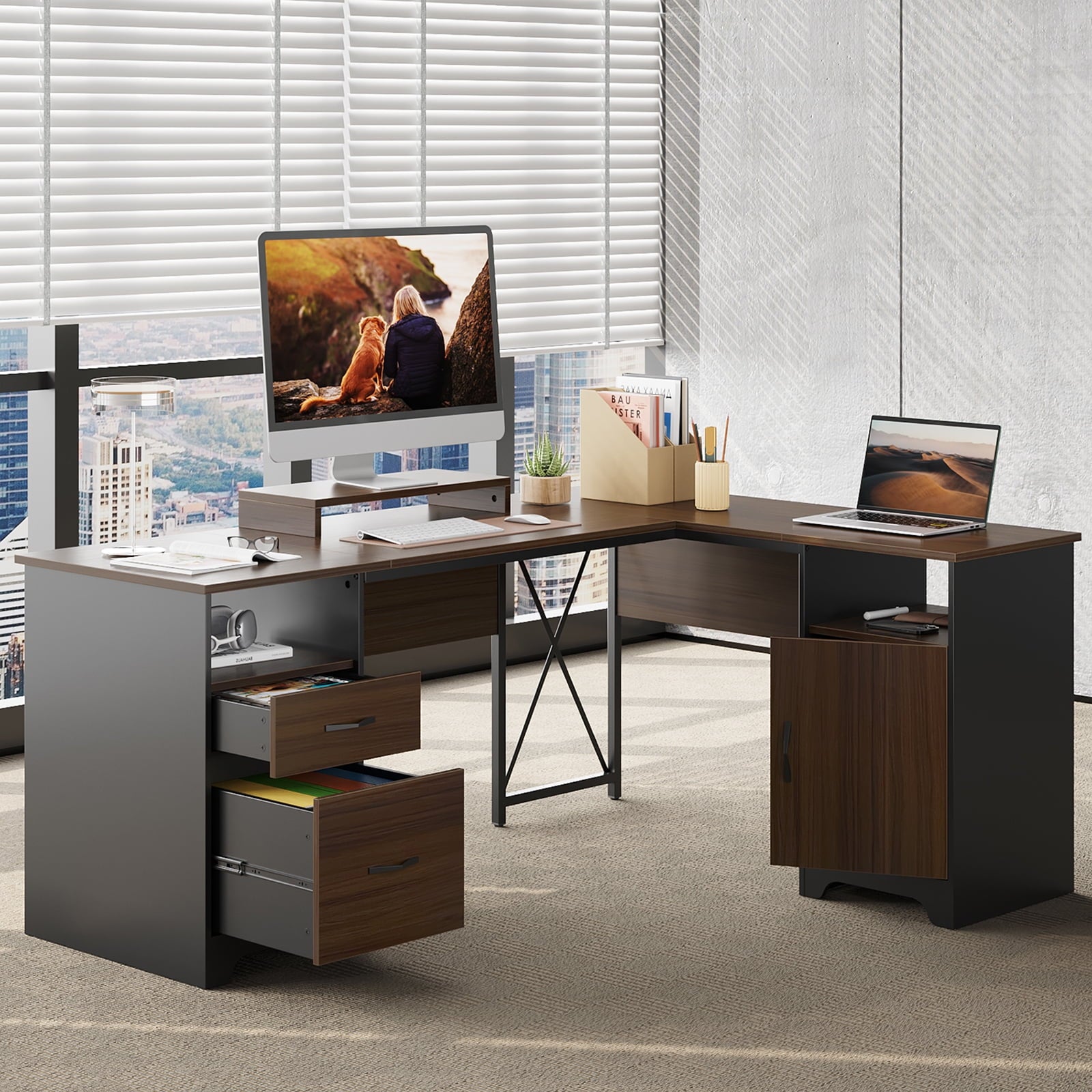Bestier L Shaped Desk with 4 Drawers, 63" x 47" Executive Desk with Monitor Stand, File Drawers for Home Office, Gray