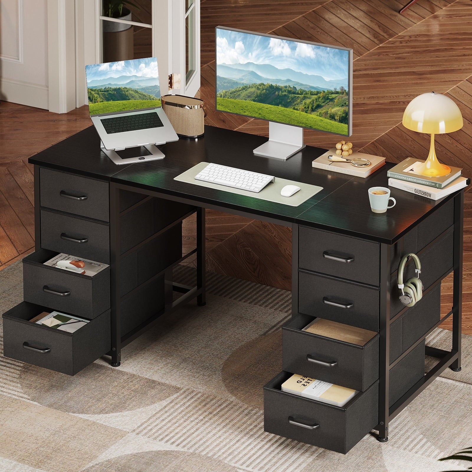 White Computer Desk with Drawers for Storage - 48 inch Home Office Desk with 8 Fabric Drawers, Writing Study Desk with Drawers on Both Sides for Bedroom