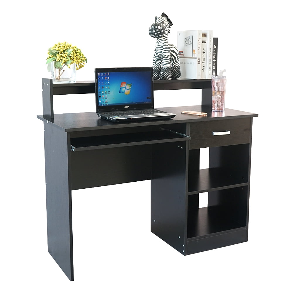 Computer Desk with Keyboard Tray, Wooden Storage Desk with Drawer and Storage Shelves,  Laptop Studying Writing Desk with Bookshelf for Home, Office, Bedroom, Small Space