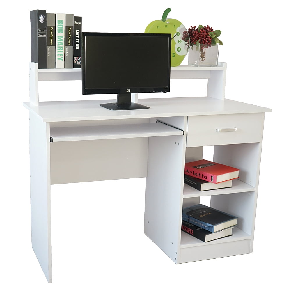 Computer Desk with Keyboard Tray, Wooden Storage Desk with Drawer and Storage Shelves,  Laptop Studying Writing Desk with Bookshelf for Home, Office, Bedroom, Small Space