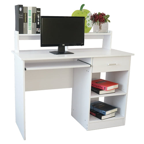 Computer Desk with Keyboard Tray, Wooden Storage Desk with Drawer and Storage Shelves,  Laptop Studying Writing Desk with Bookshelf for Home, Office, Bedroom, Small Space