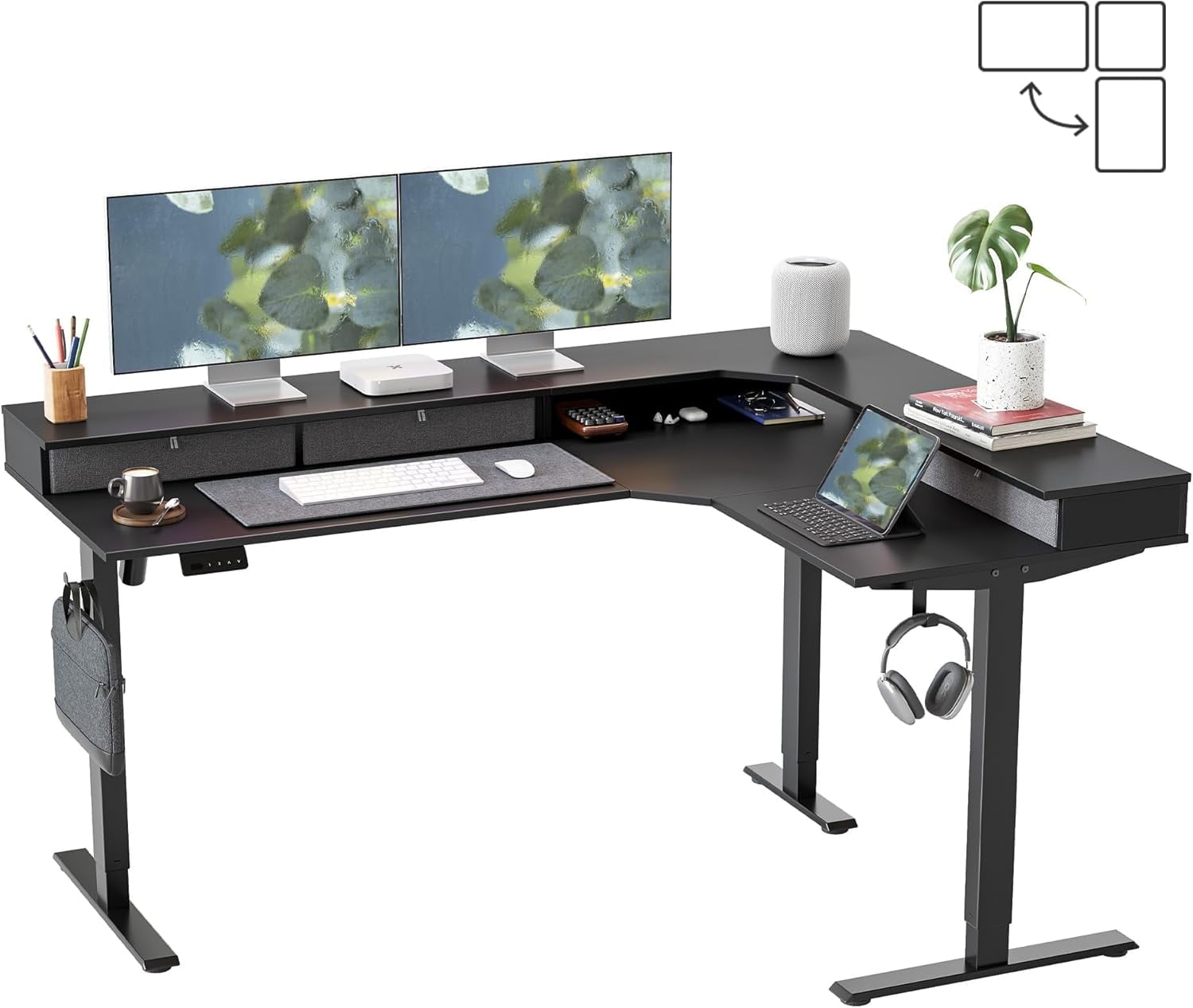 DESINO L Shaped Standing Desk, 63 inch Electric Height Adjustable Home Office Desk with Drawers, Large Ergonomic Computer Desk with Reversible Tabletop, 2 Memory Height Settings, Black