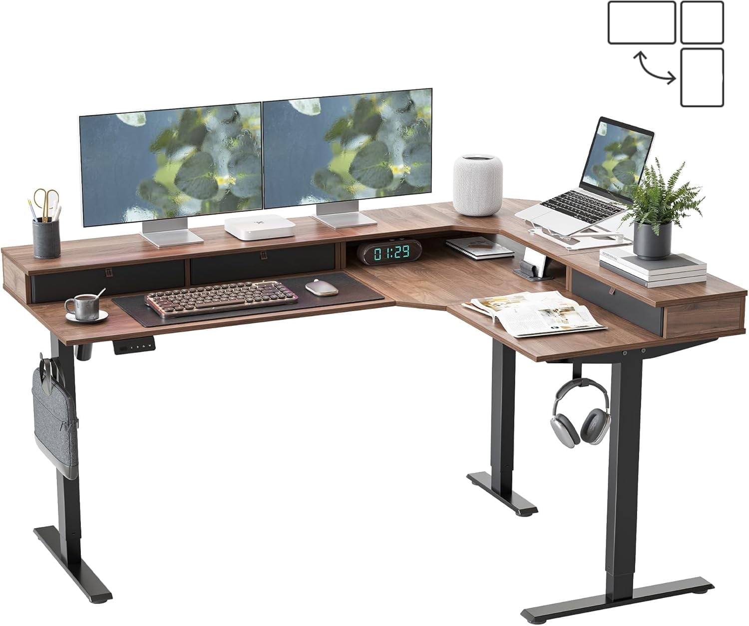 DESINO L Shaped Standing Desk, 63 inch Electric Height Adjustable Home Office Desk with Drawers, Large Ergonomic Computer Desk with Reversible Tabletop, 2 Memory Height Settings, Black