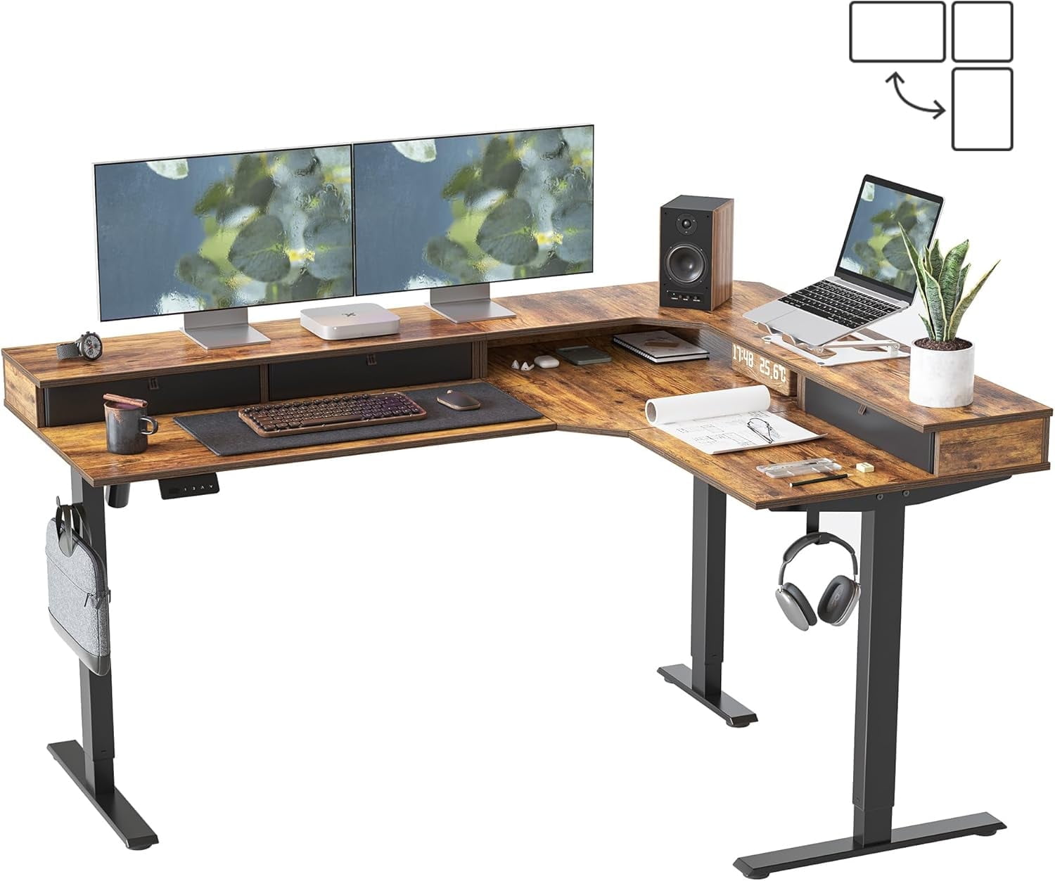 DESINO L Shaped Standing Desk, 63 inch Electric Height Adjustable Home Office Desk with Drawers, Large Ergonomic Computer Desk with Reversible Tabletop, 2 Memory Height Settings, Black