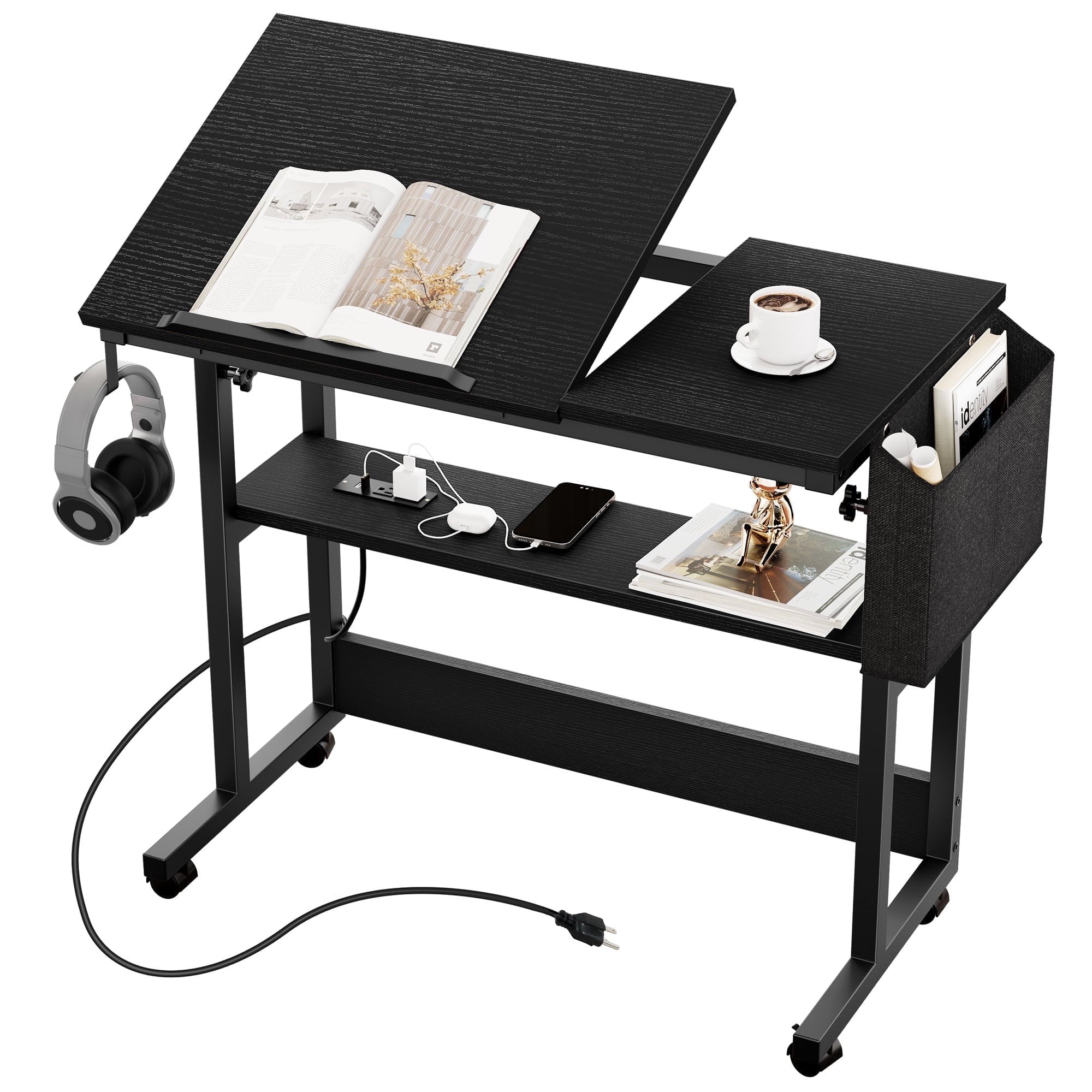 DEXTRUS Rolling Laptop Table with Charging Station, Height Adjustable Standing Computer Desk with Tiltable Tabletop & Storage Bag