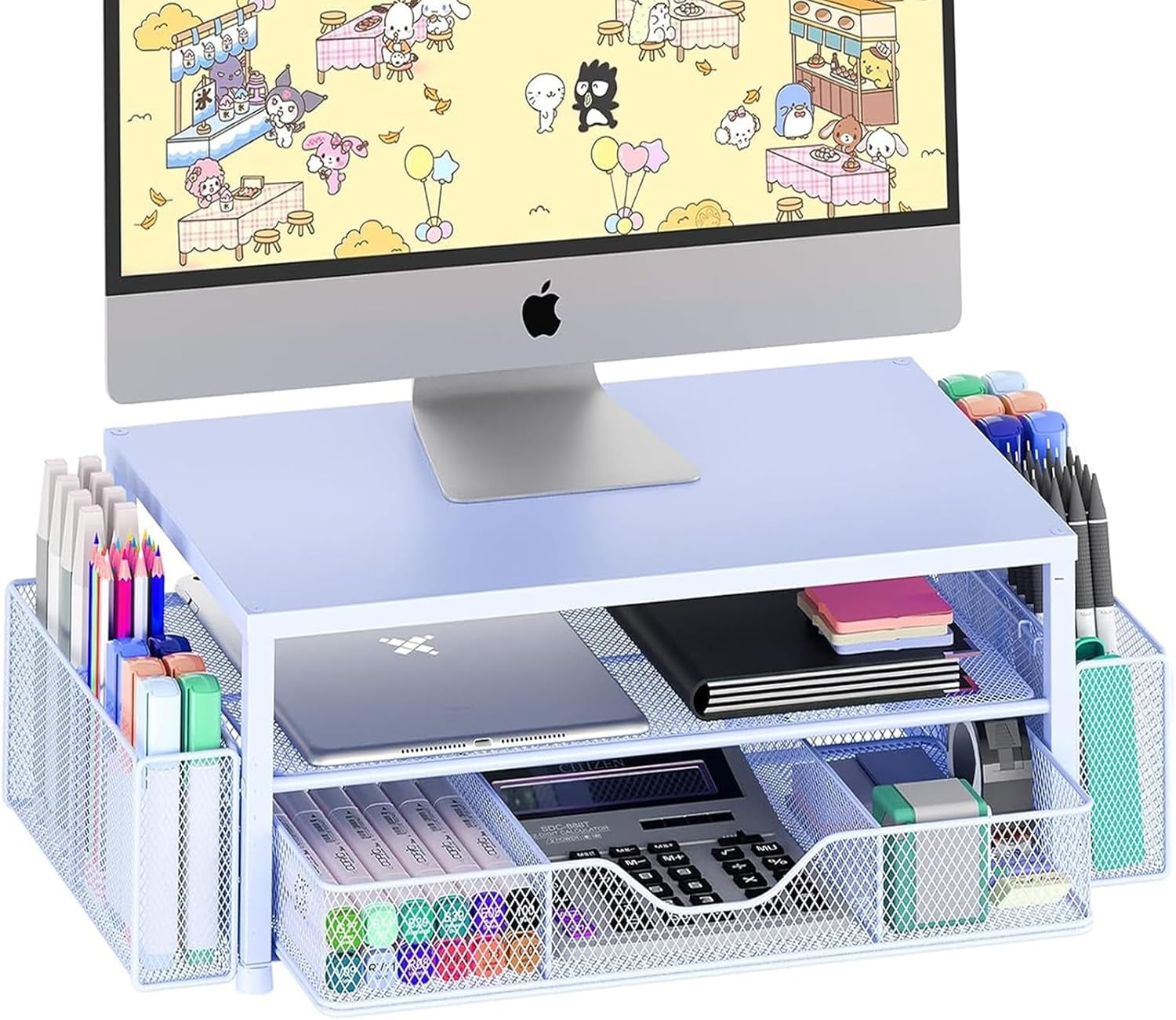Desk Organizer and Accessories, 2-Tier Computer Monitor Stand with Drawer and 2 Pen Holders, Office Desk Accessories for Office Supplies