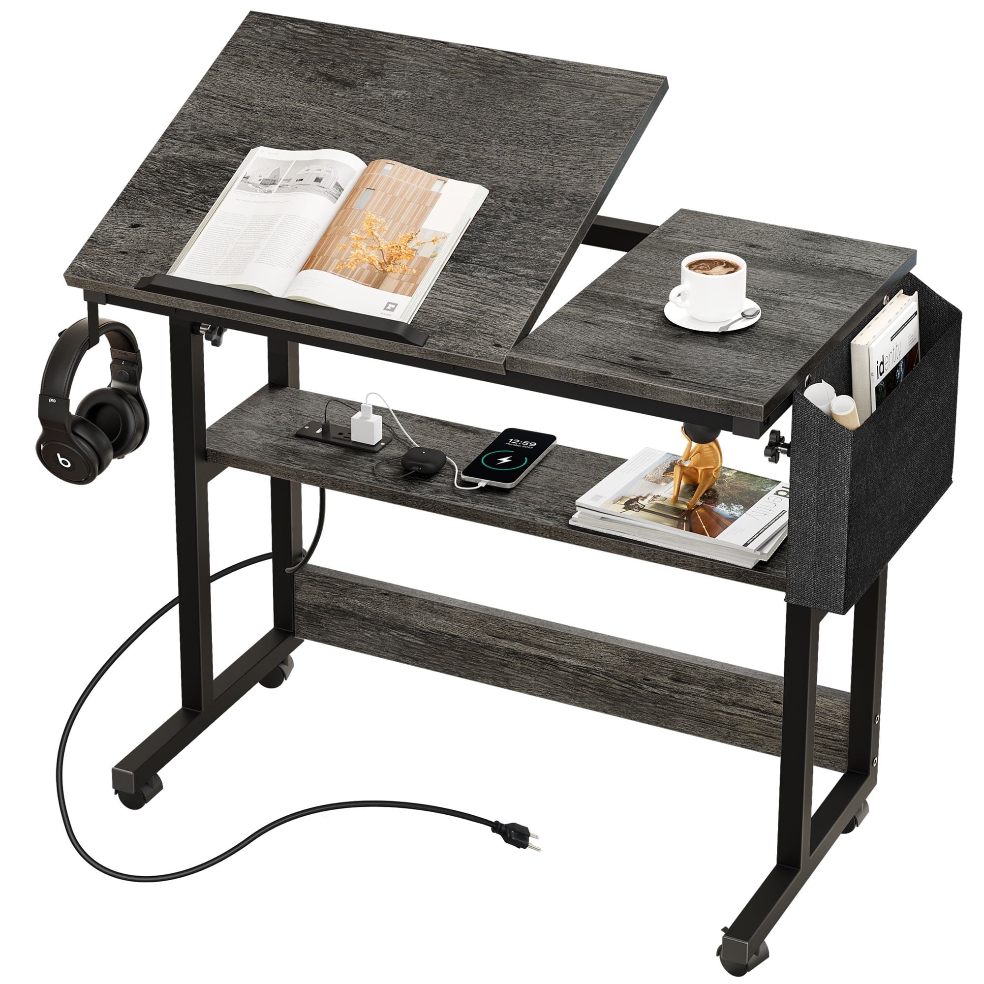 DEXTRUS Rolling Laptop Table with Charging Station, Height Adjustable Standing Computer Desk with Tiltable Tabletop & Storage Bag