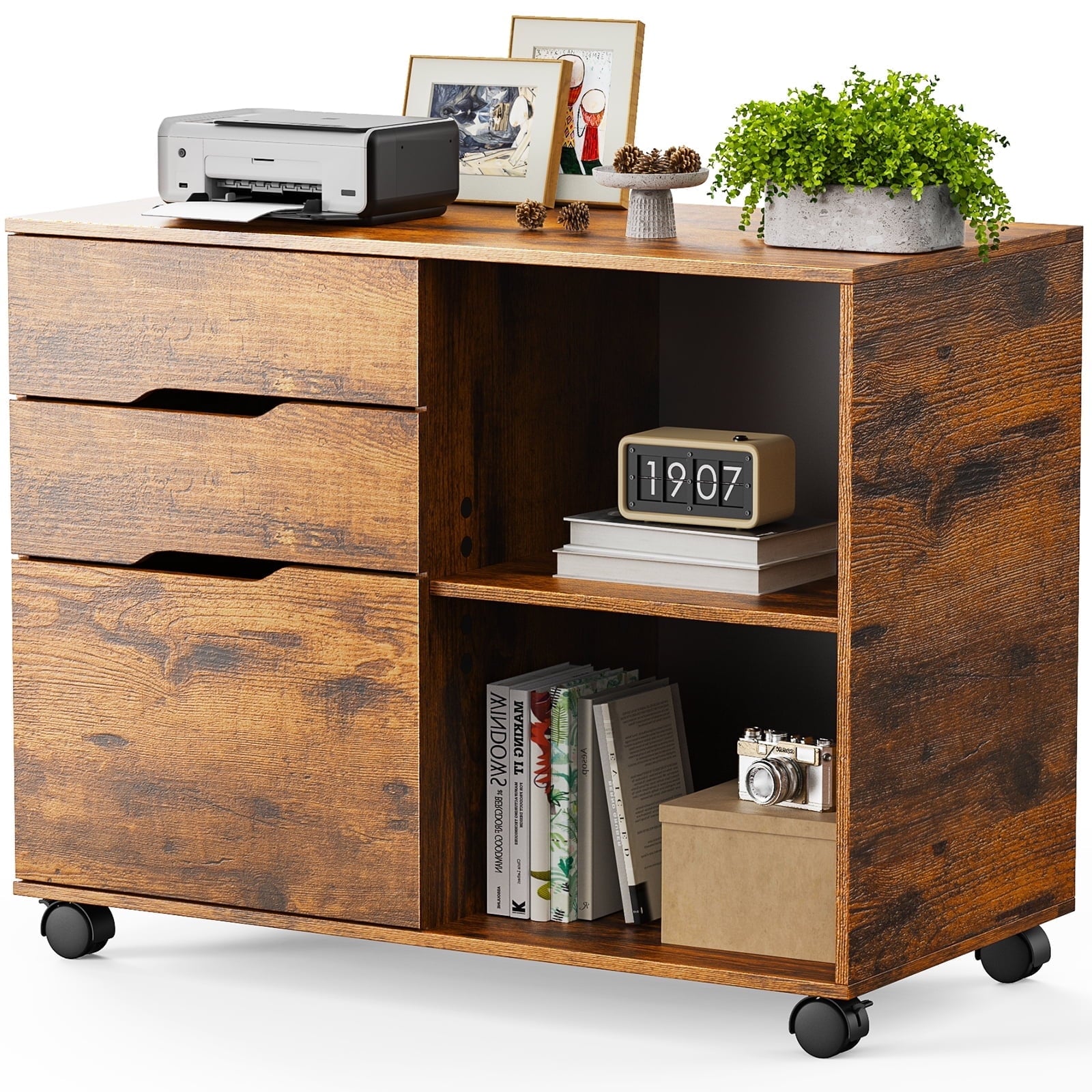 Edx Wooden 3 Drawer File Rolling Cabinet with Wheels, White