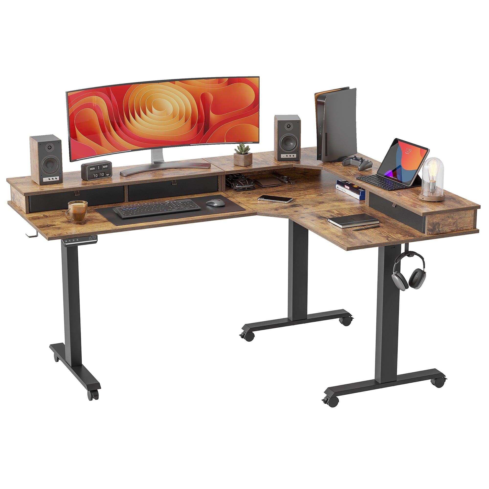 DESINO L Shaped Standing Desk, 63 inch Electric Height Adjustable Home Office Desk with Drawers, Large Ergonomic Computer Desk with Reversible Tabletop, 2 Memory Height Settings, Black