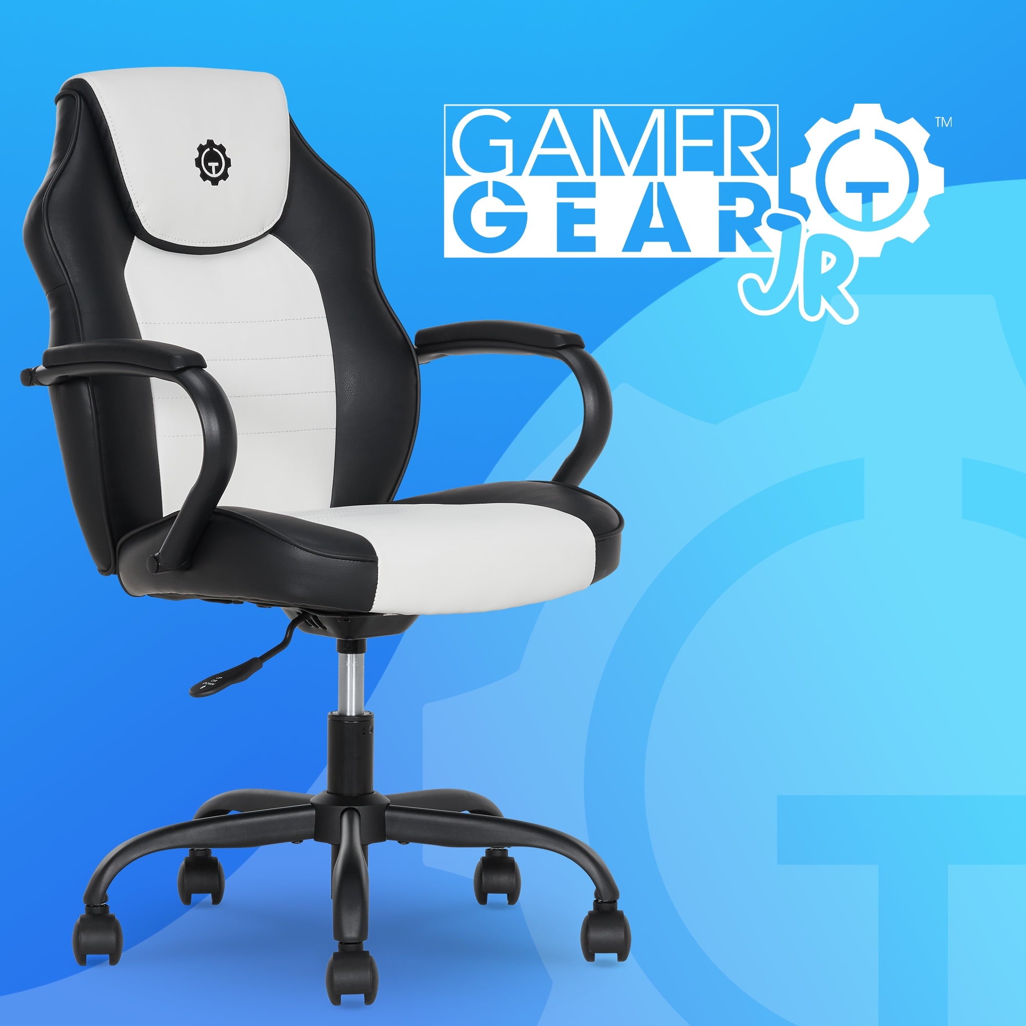 Gamer Gear Jr. Xplorer Gaming and Computer Chair, Kids and Teens Gaming Chair with Padded Arms, Adjustable Height, White and Black