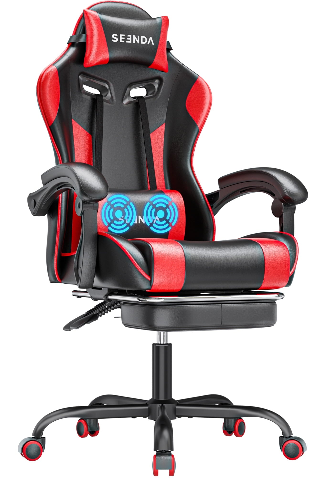 Gaming Chair, Seenda Computer Office Chair, High Back Ergonomic Home Office Desk Chair with Massage Lumbar Support Task Chair, Linkage Armrests and Footrest, Red