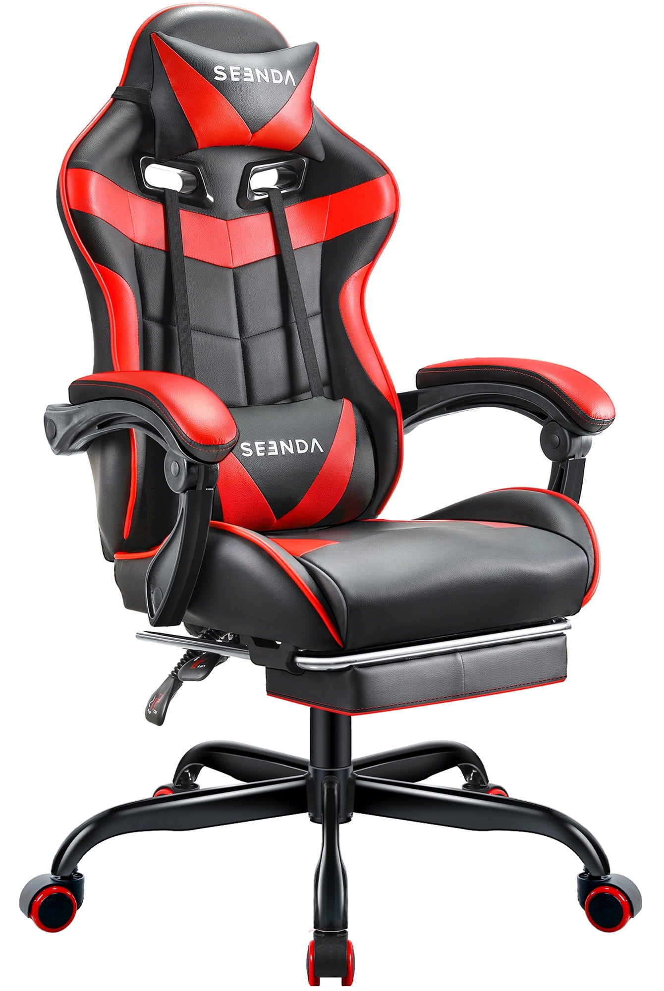 Gaming Chair, Seenda Video Game Chair with Footrest and Lumbar Support, Ergonomic Computer Chair Height Adjustable with Swivel Seat and Headrest, Red