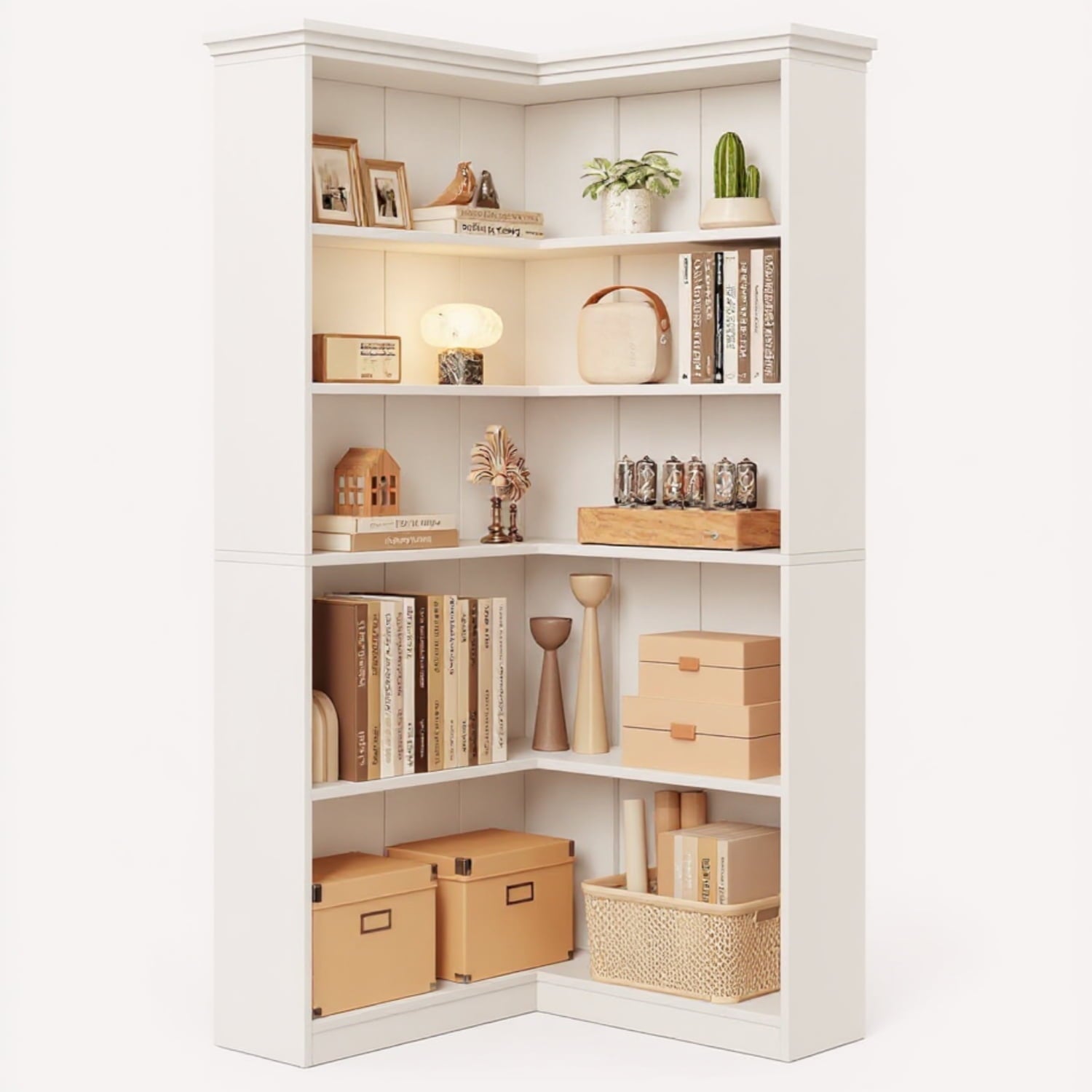 Garvee Large 5-Tier L-Shaped Corner Bookshelf, 35.5 x 35.5 x 72.8", White