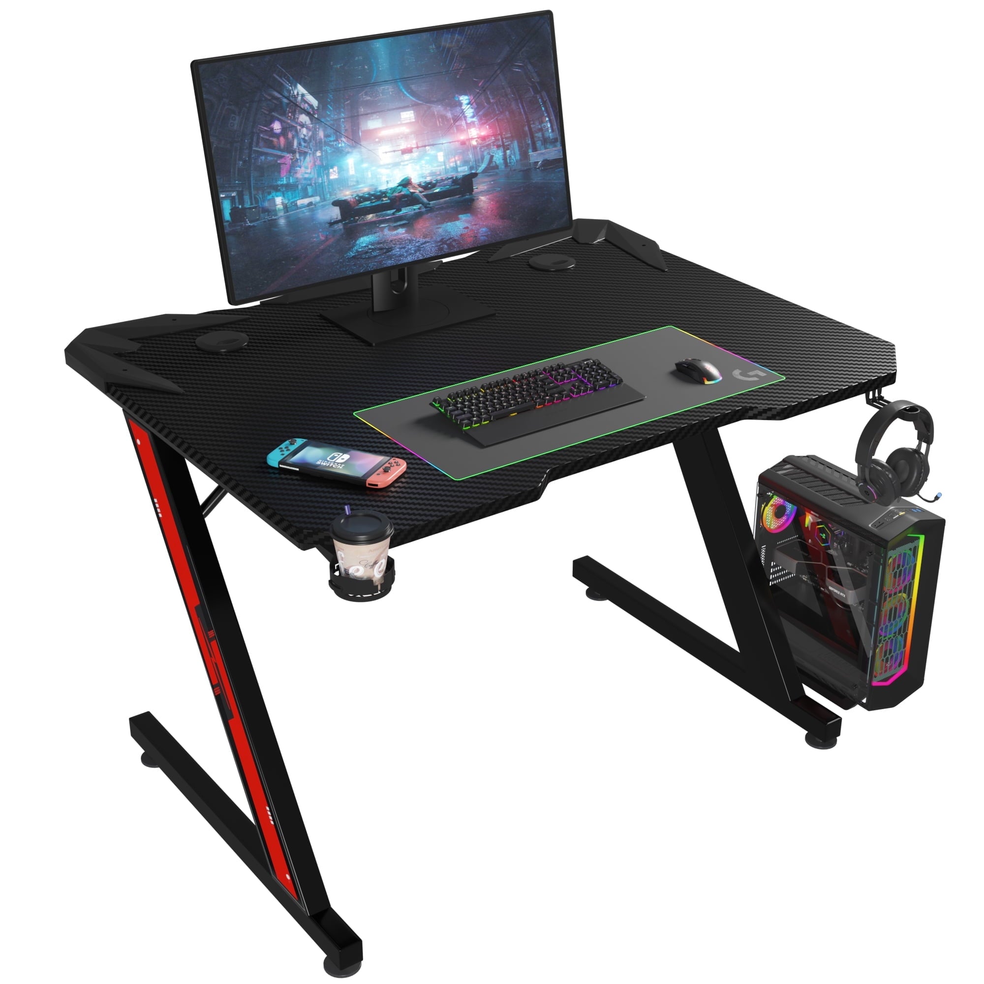 Homall 32 Inches Z-Shaped Gaming Desk Carbon Fiber Surface Desk with Cup Holder & Headphone Hook, Gray