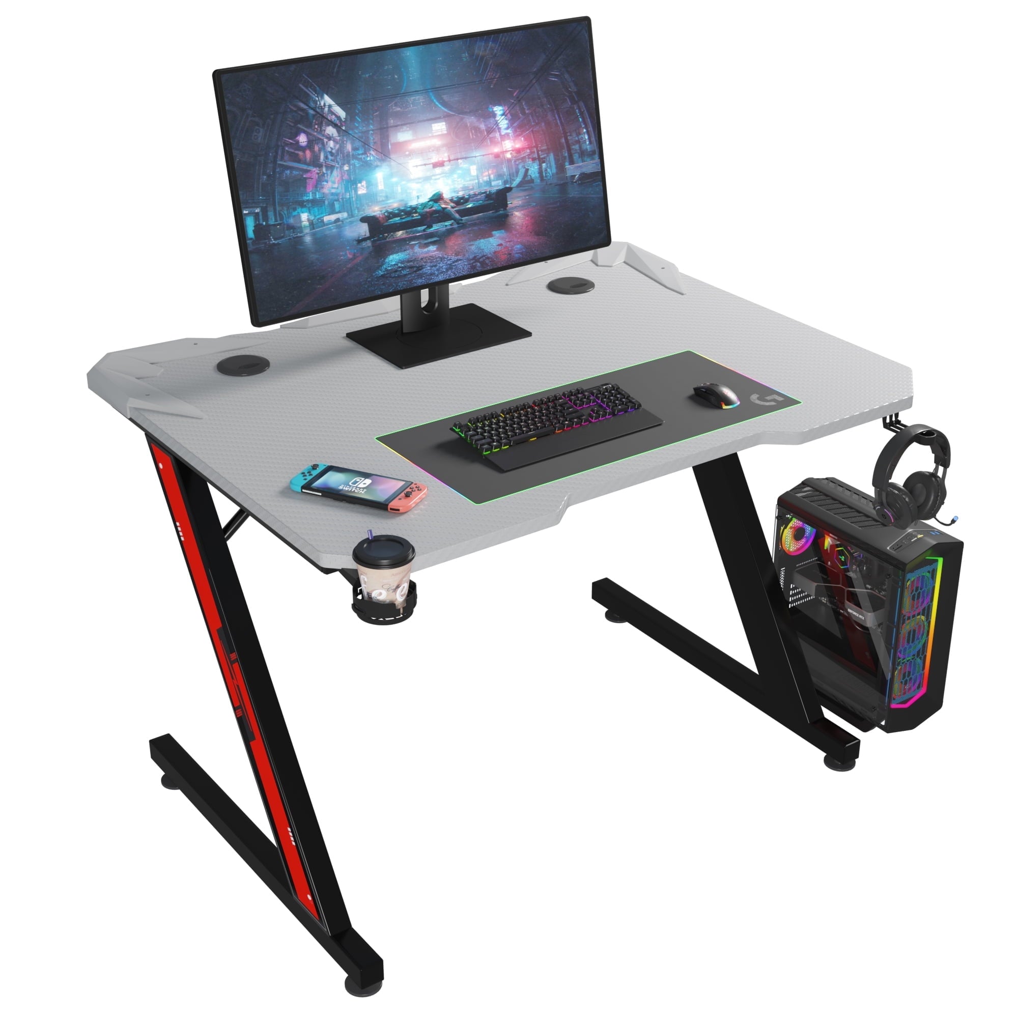 Homall 32 Inches Z-Shaped Gaming Desk Carbon Fiber Surface Desk with Cup Holder & Headphone Hook, Gray