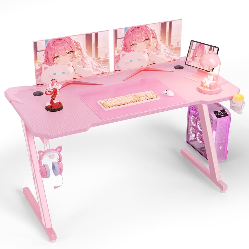 Homall 32 Inches Z-Shaped Gaming Desk Carbon Fiber Surface Desk with Cup Holder & Headphone Hook, Gray