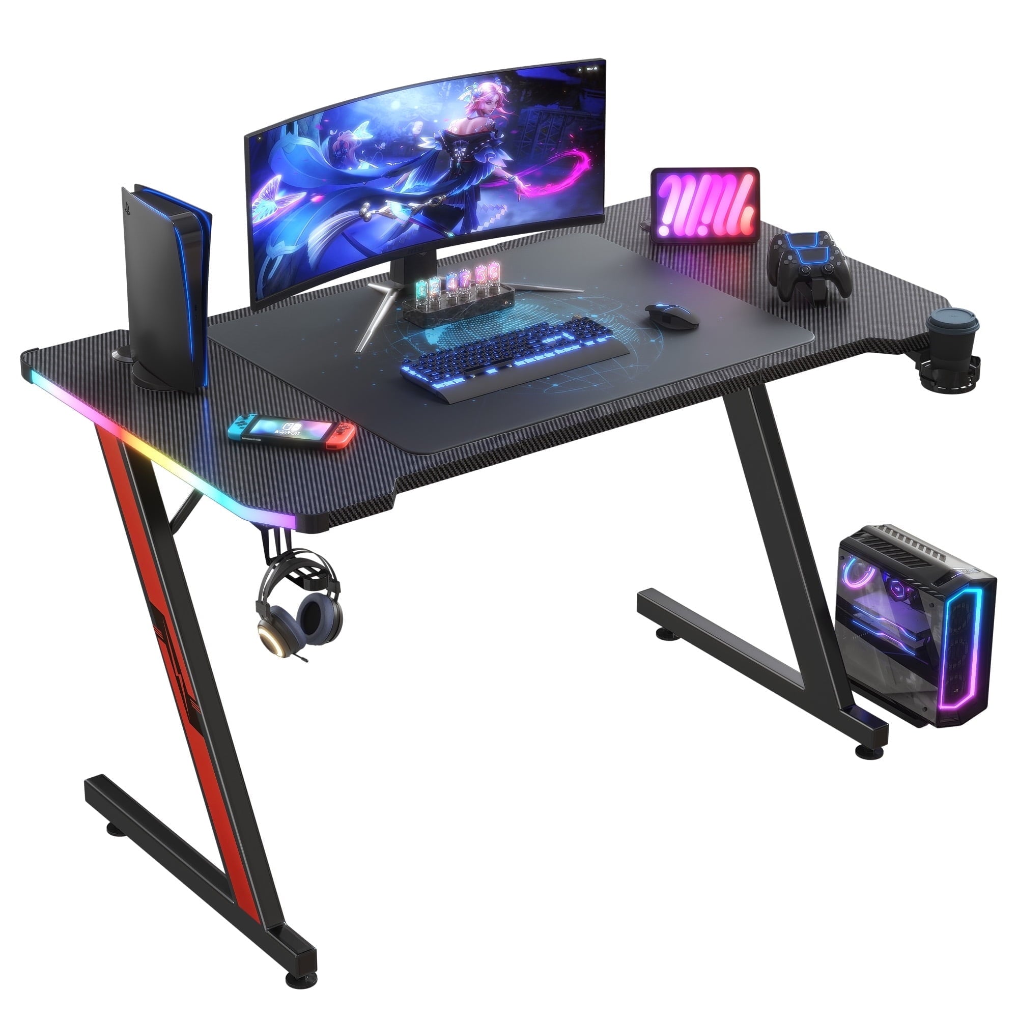 Homall 32 Inches Z-Shaped Gaming Desk Carbon Fiber Surface Desk with Cup Holder & Headphone Hook, Gray