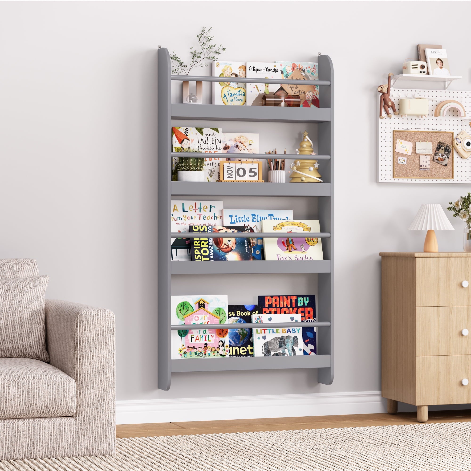 Homfa 4-Tier Wall Bookshelf, 43.7"H Wall-Mounted Kids Bookshelf, Book Storage Rack for Kids Room, Pink