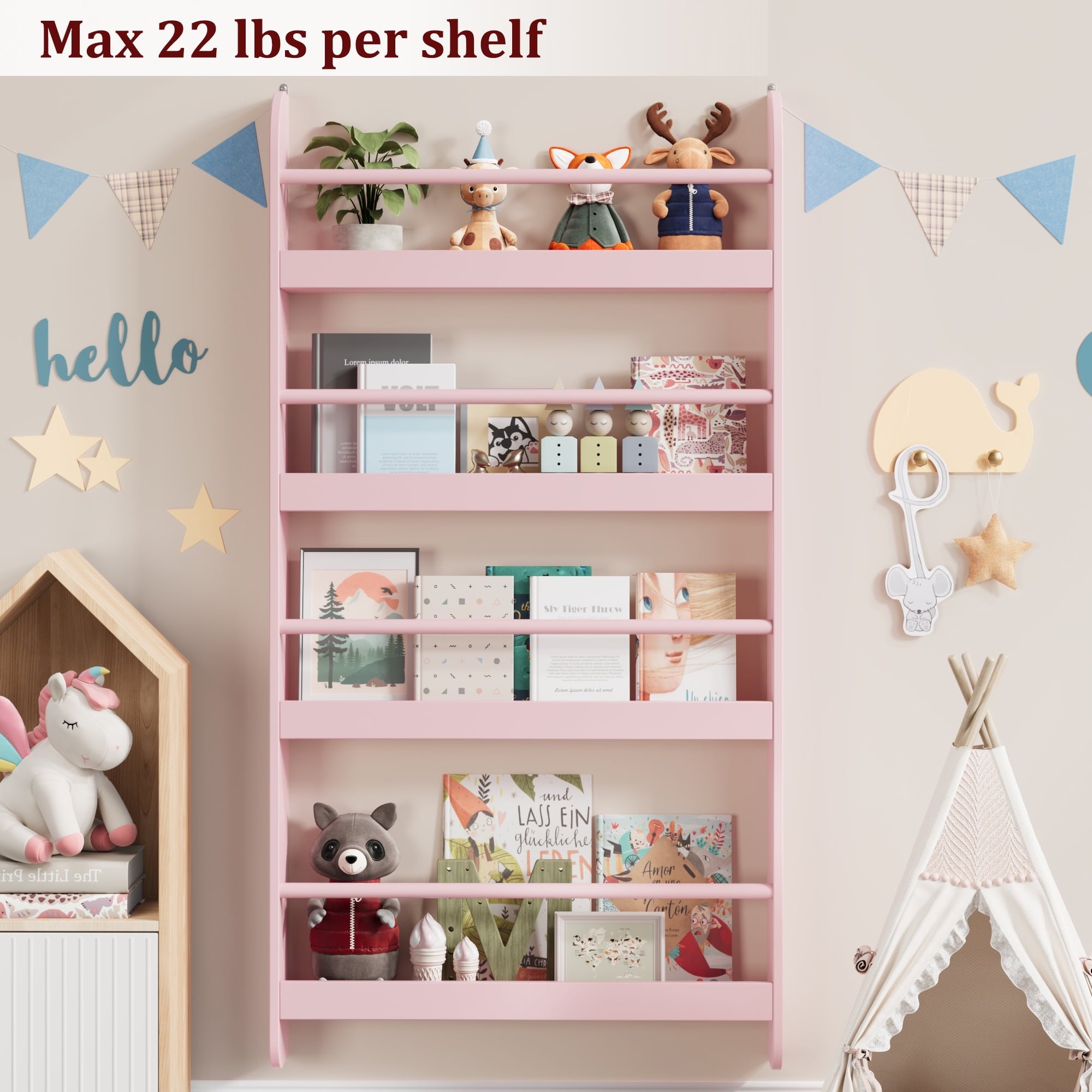 Homfa 4-Tier Wall Bookshelf, 43.7"H Wall-Mounted Kids Bookshelf, Book Storage Rack for Kids Room, Pink