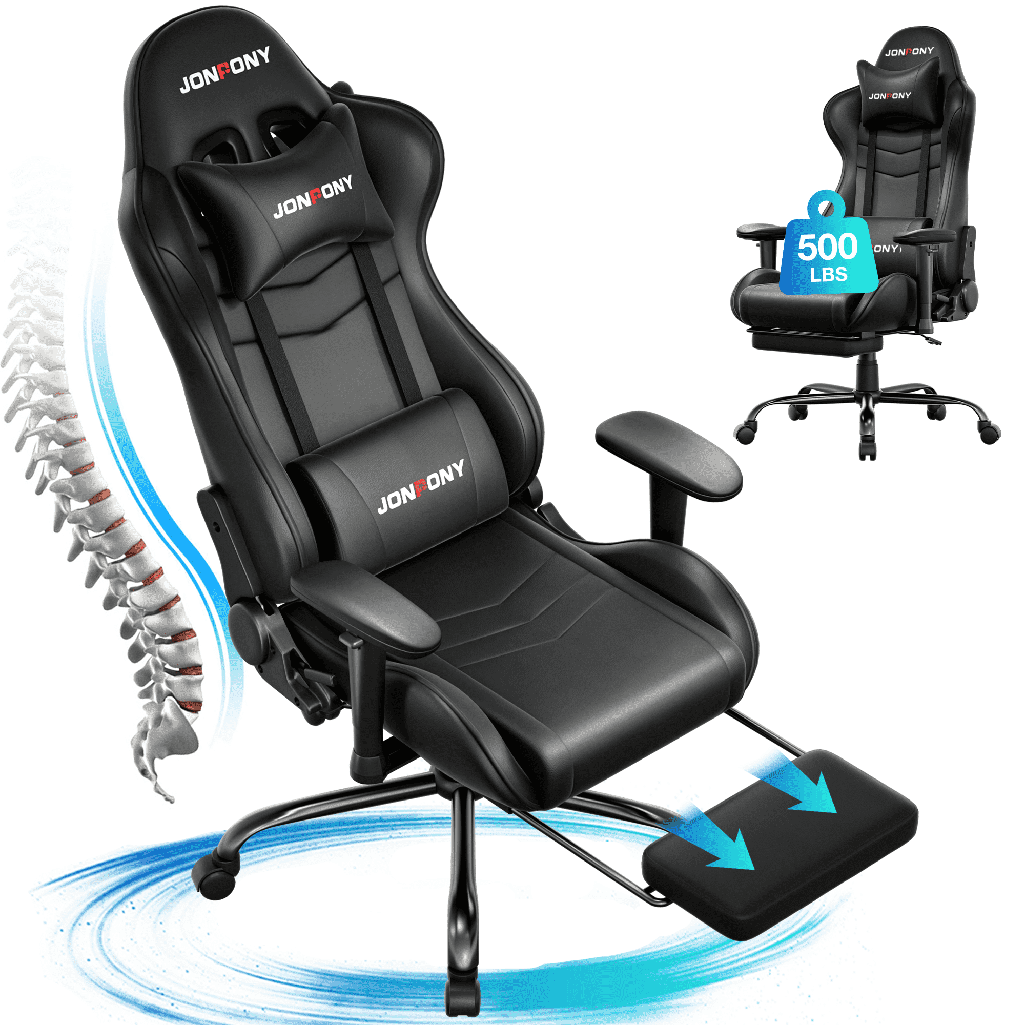JONPONY Big and Tall 500LBS Gaming Chair, Ergonomic Design, Gamer Chair PU Leather with Footrest and Lumbar Support, High Back Office Chair Support 8 Hours Long Sitting, Computer Chair,Red