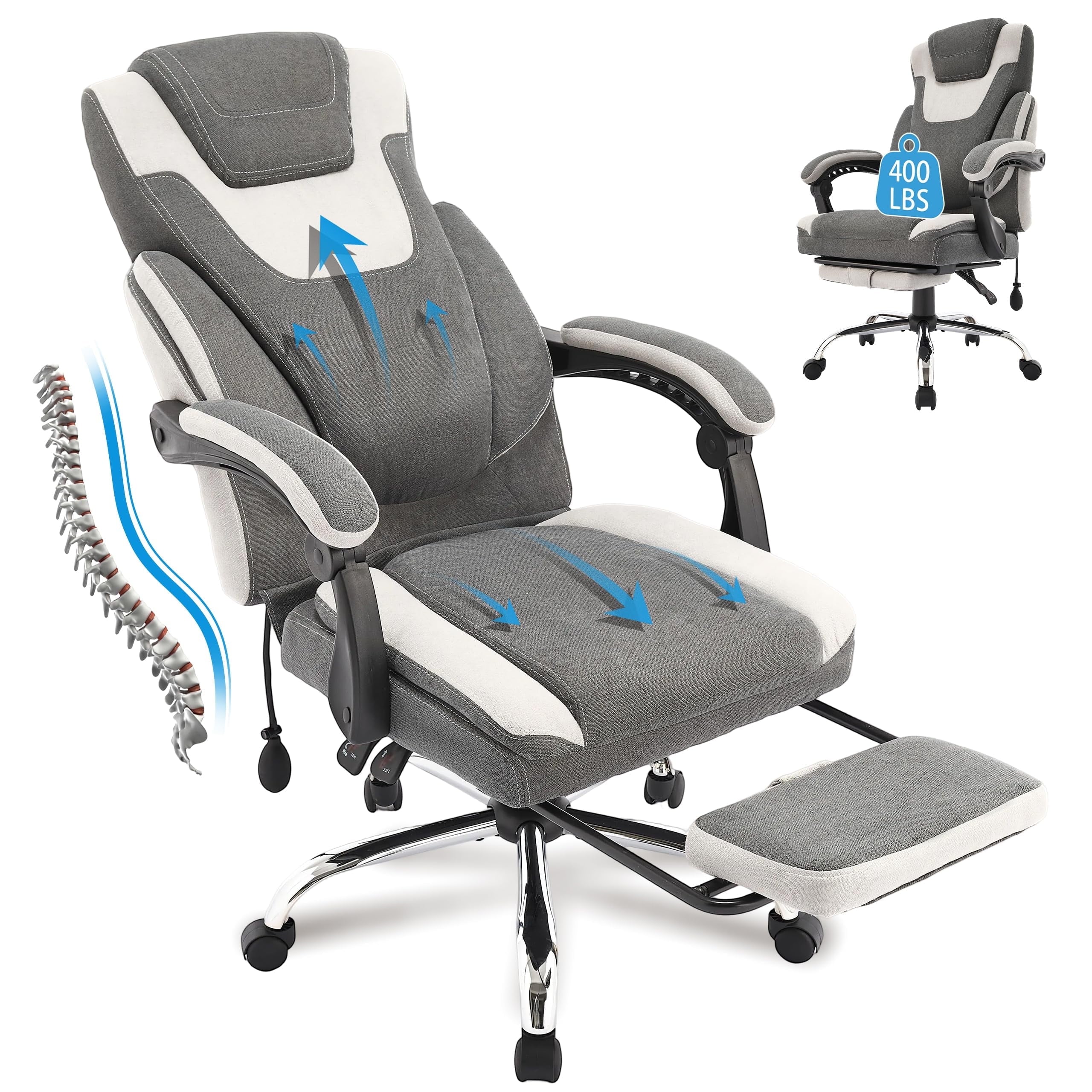 JONPONY Big and Tall Office Chair 400lbs, Executive Reclining Office Chairs with Footrest, High Back Home Office Chair Thick Padded Armrests, Ergonomic Adjustable Lumbar Support, PinkWhite