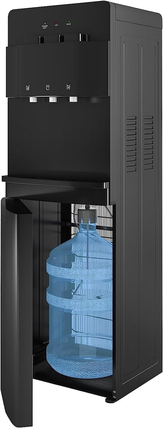 Muhub Cold & Hot Water Cooler Dispenser, Black Bottom Loading Water Cooler Dispenser, Holds 3 or 5 Gallon Bottle, Anti-Scalding Design and Storage Cabinet, Child Safety Lock for Home, Office Use