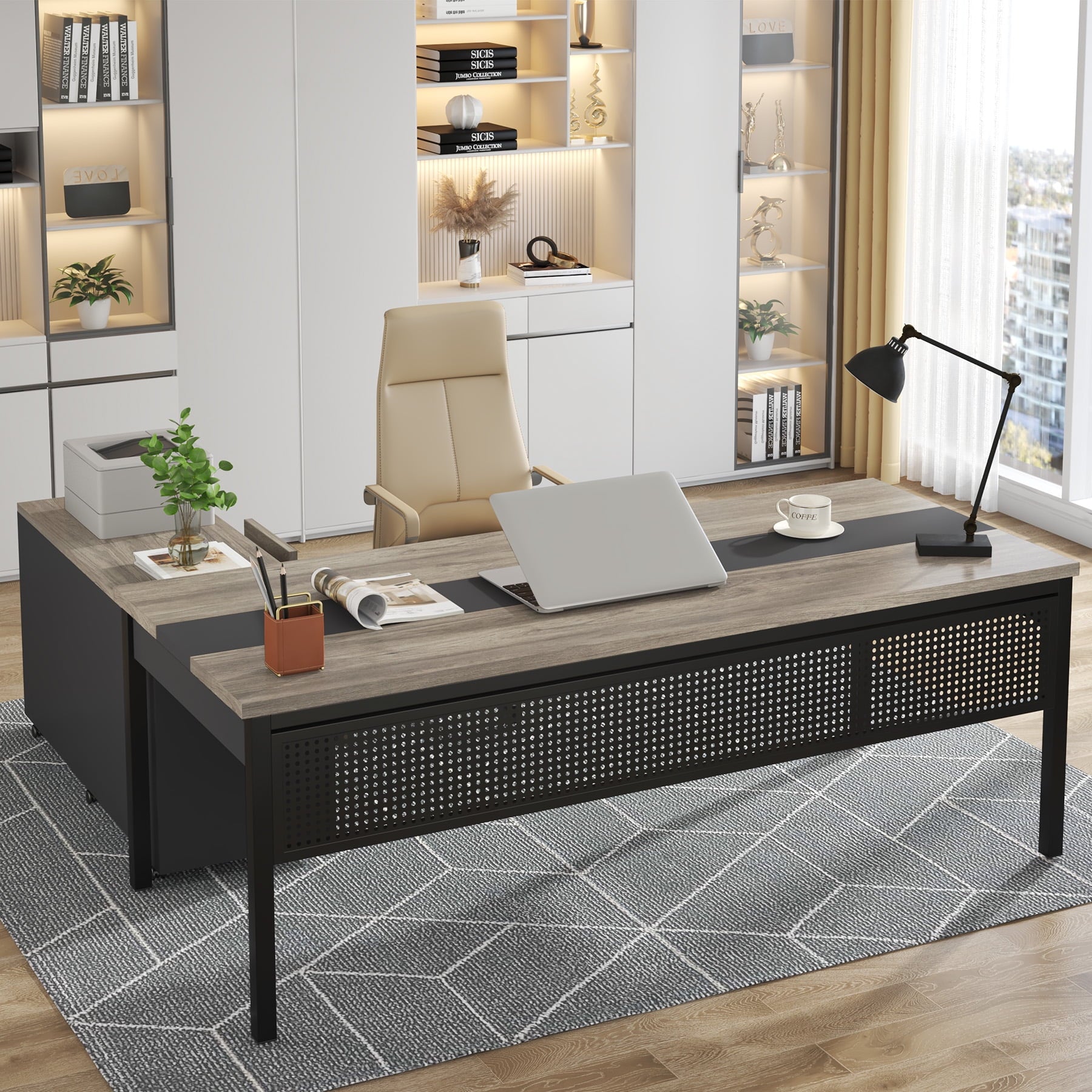 Tribesigns 70.8" Large Computer Desk with 47" File Cabinet, L Shaped Executive Office Desk Workstation, Walnut & Black