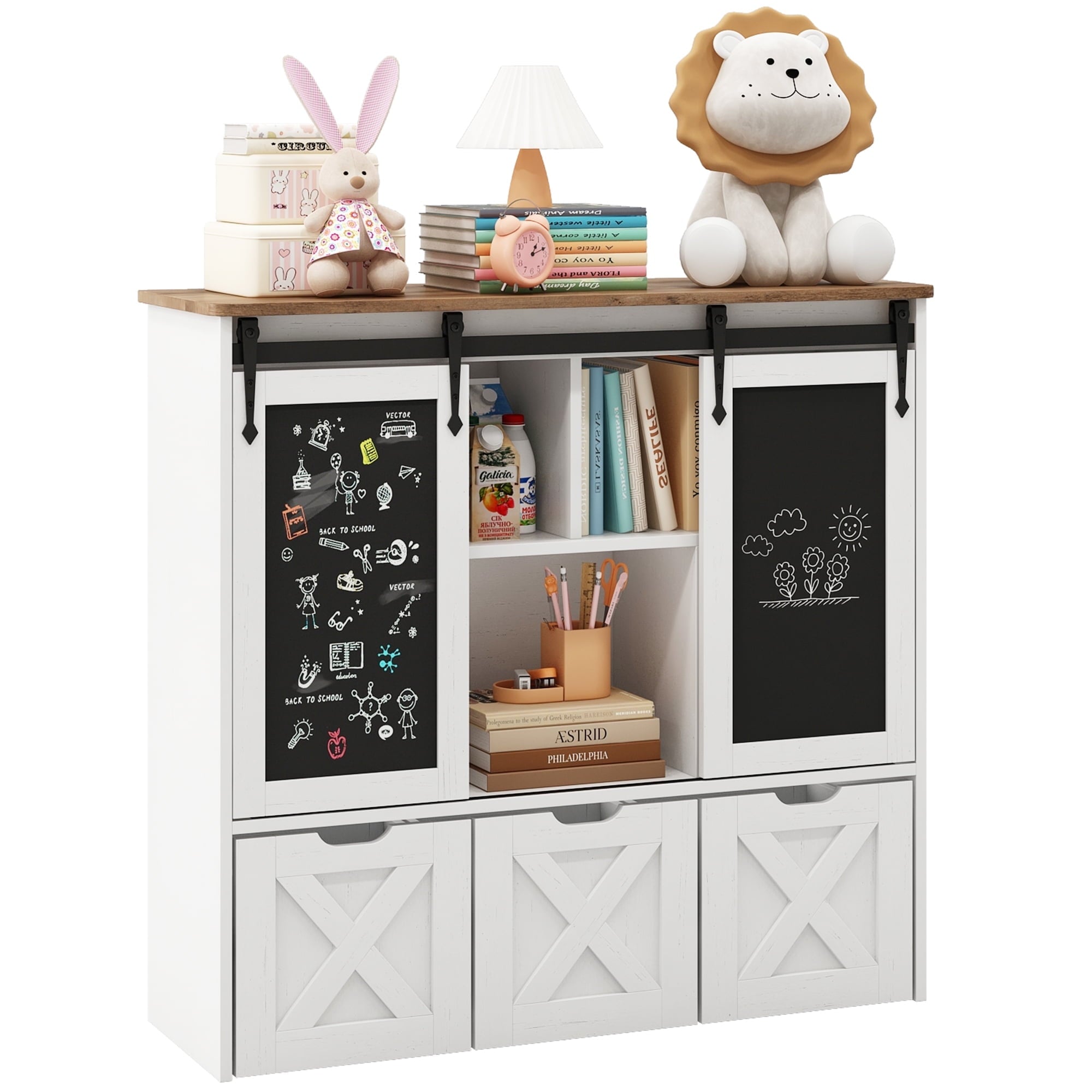 Vabches Toy Storage Organizer with 3 Drawers Kids Bookcase with Sliding Blackboard Storage Cabinet, White