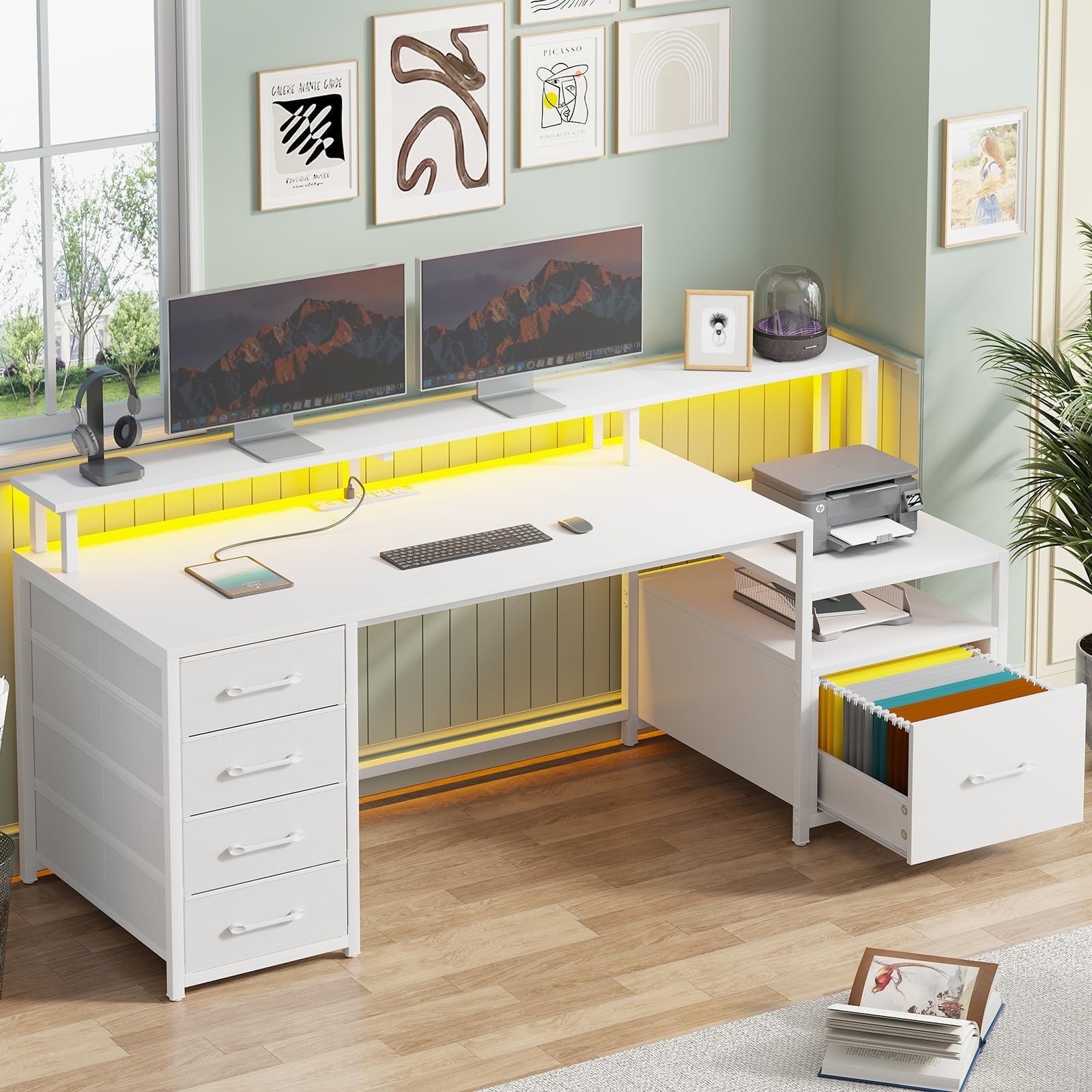 SEDETA Gaming Desk with 5 Drawer, Power Outlet & Led Lights, 66" Home Office Desk with File Drawer, Storage, Monitor Shelf, Computer Desk, Black