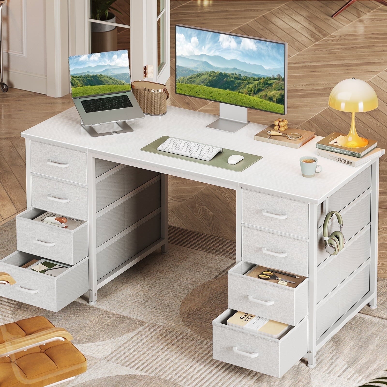 White Computer Desk with Drawers for Storage - 48 inch Home Office Desk with 8 Fabric Drawers, Writing Study Desk with Drawers on Both Sides for Bedroom