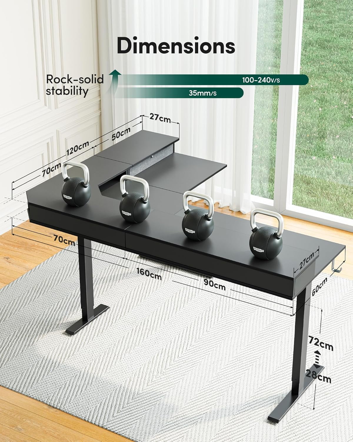 DESINO L Shaped Standing Desk, 63 inch Electric Height Adjustable Home Office Desk with Drawers, Large Ergonomic Computer Desk with Reversible Tabletop, 2 Memory Height Settings, Black