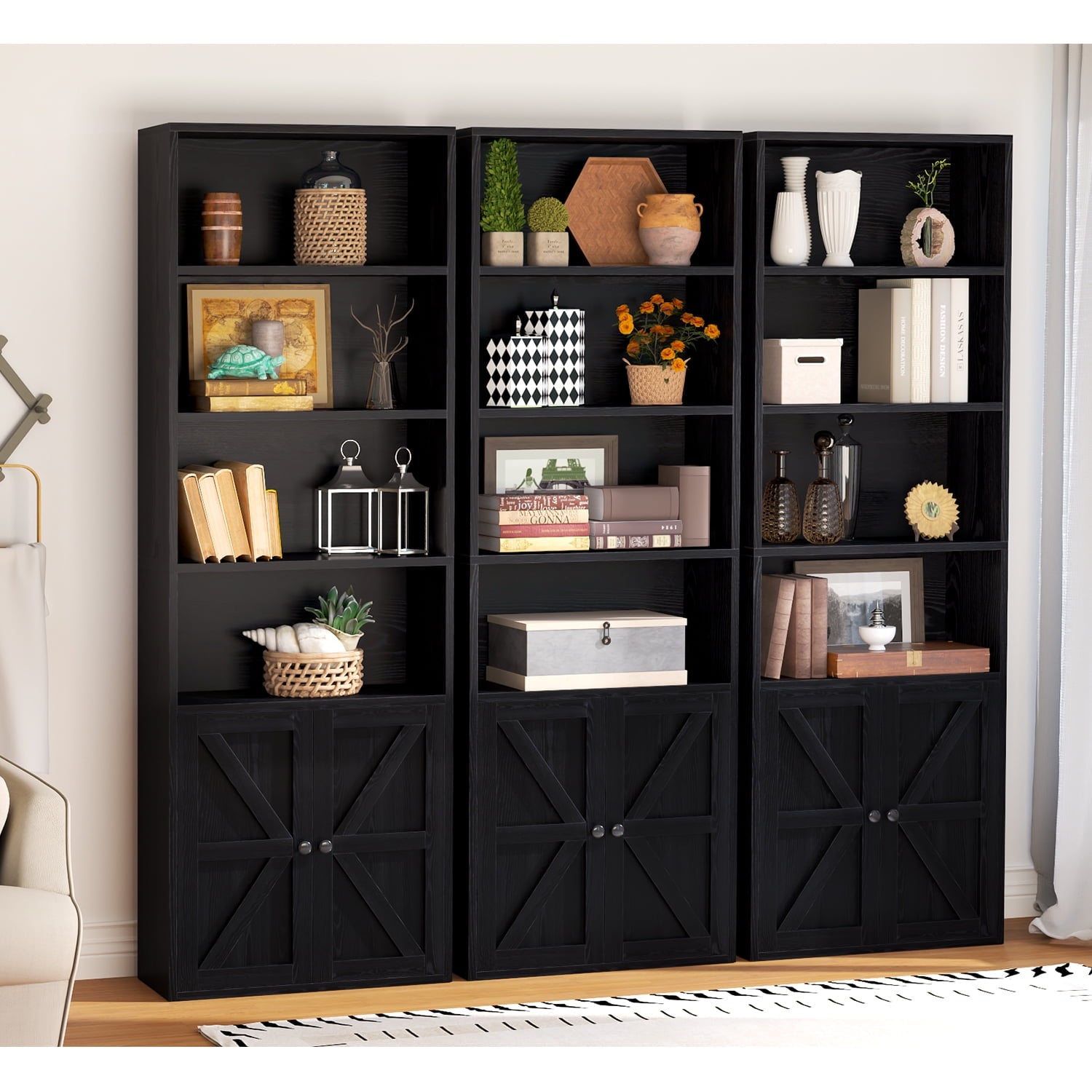 Easoger 6 Tier Bookcase Set of 2, Bookshelves with Barn Cabinet Doors, Floor Bookshelves for Home Office, Living Room, Black