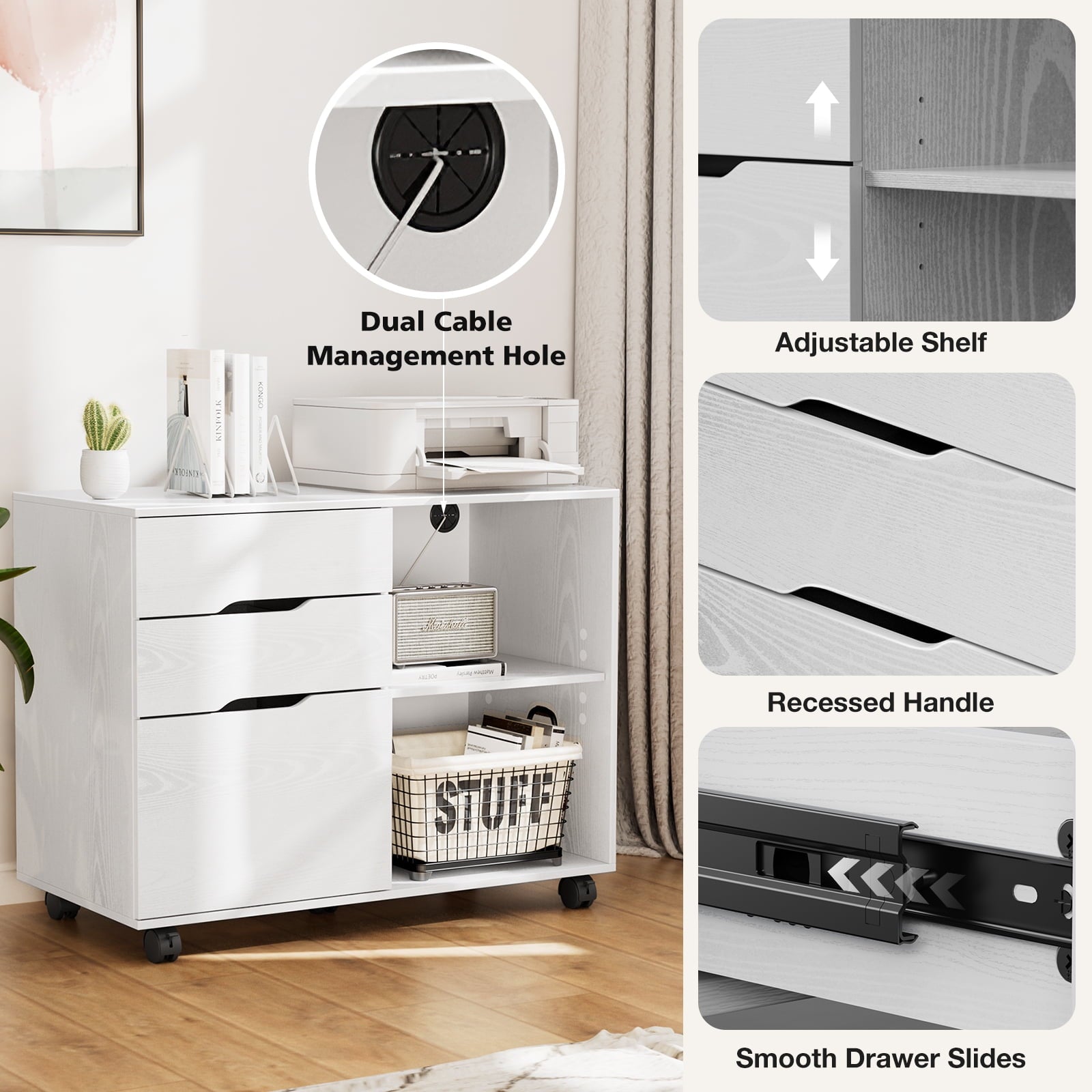 Edx Wooden 3 Drawer File Rolling Cabinet with Wheels, White