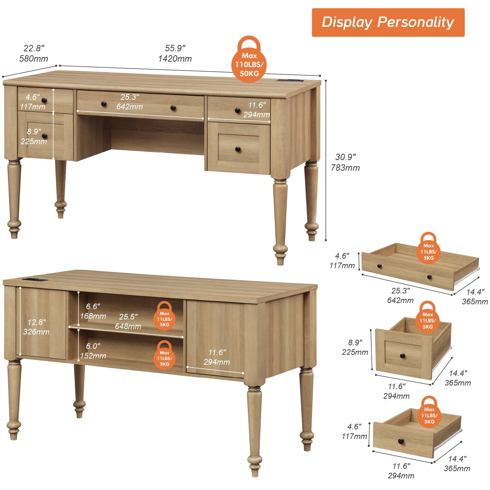 Farmhouse Executive Desk with Drawers, Charging Function, File Drawer, for Home Office, Work, Study Room, Oak
