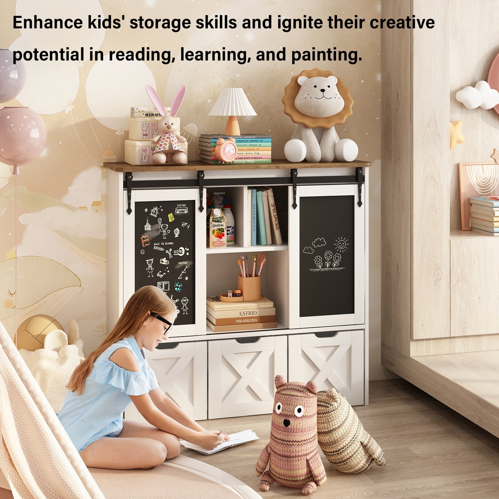 Vabches Toy Storage Organizer with 3 Drawers Kids Bookcase with Sliding Blackboard Storage Cabinet, White