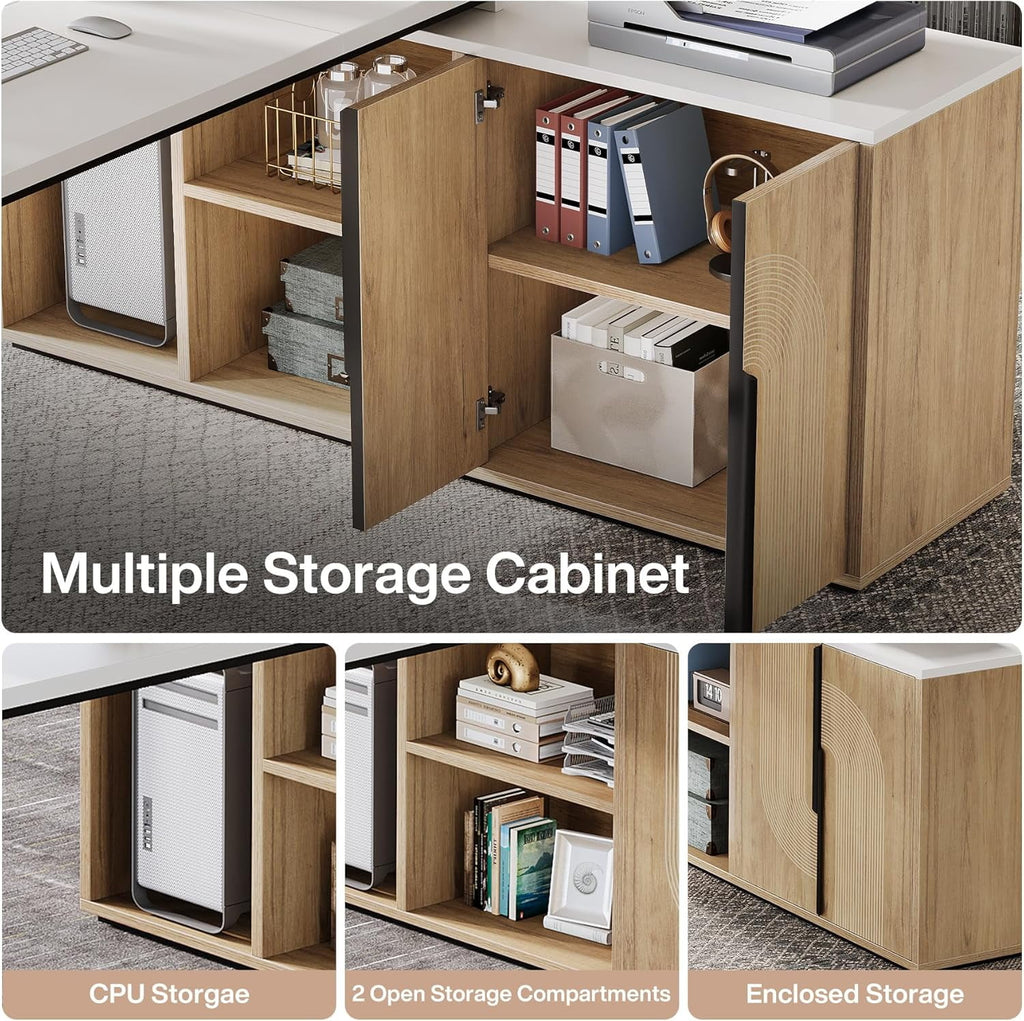 Tribesigns 74.8" Executive Desk, Large Office Desk with Cabinet, L Shaped Computer Desk with Shelves and CPU Storage, Modern Home Office Desk Business Furniture Workstation Set, White and Wood