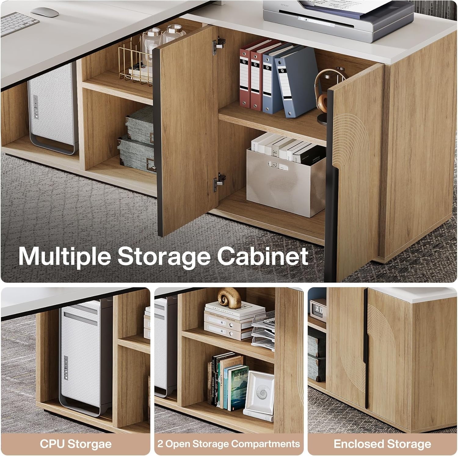 Tribesigns 74.8" Executive Desk, Large Office Desk with Cabinet, L Shaped Computer Desk with Shelves and CPU Storage, Modern Home Office Desk Business Furniture Workstation Set, White and Wood