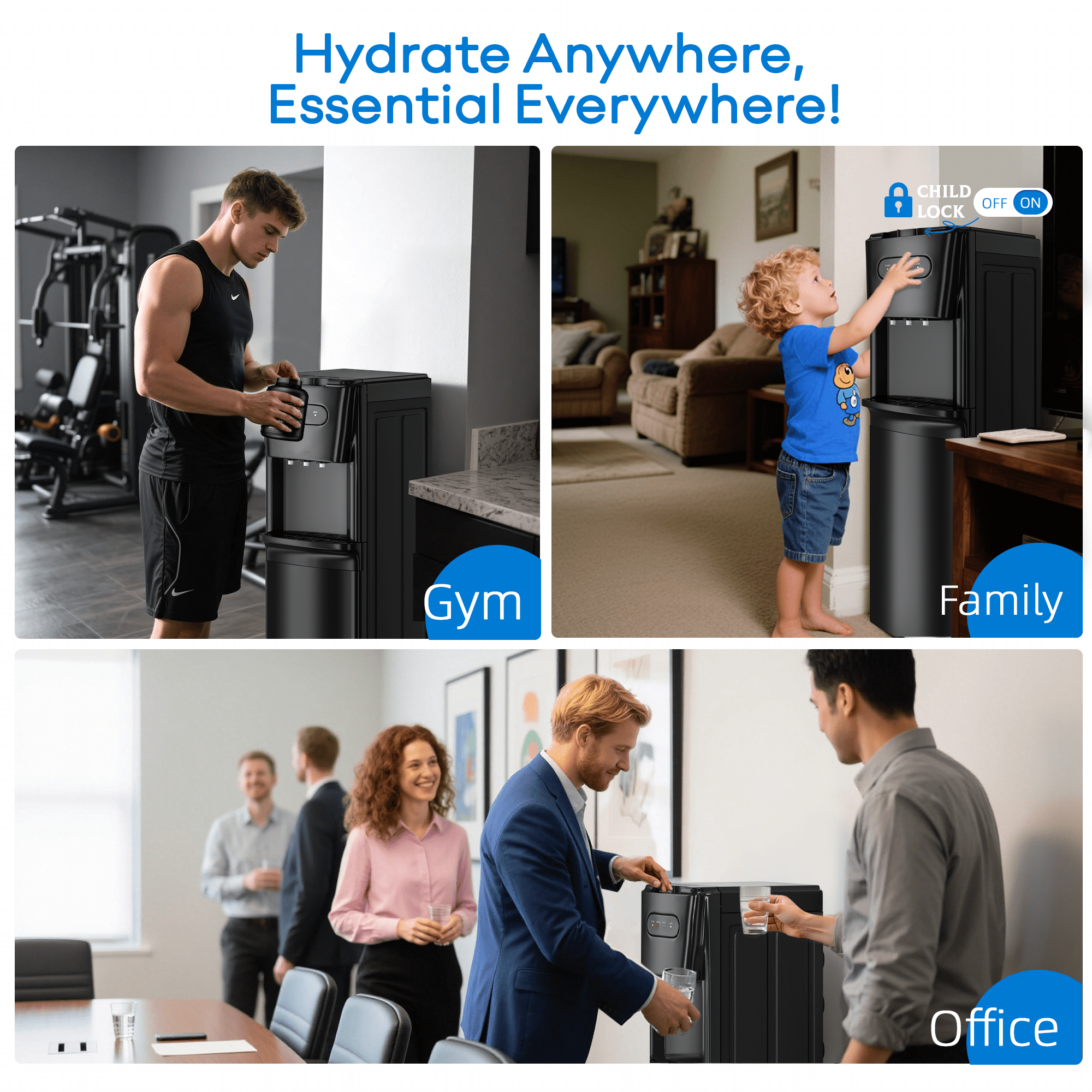 UrbanSync Bottom Loading Water Dispenser for 3 or 5 Gallons, 3 Temperatures (Cold/Hot/Warm) with Child Lock, Display Light, for Apartments, Schools, Companies, Black