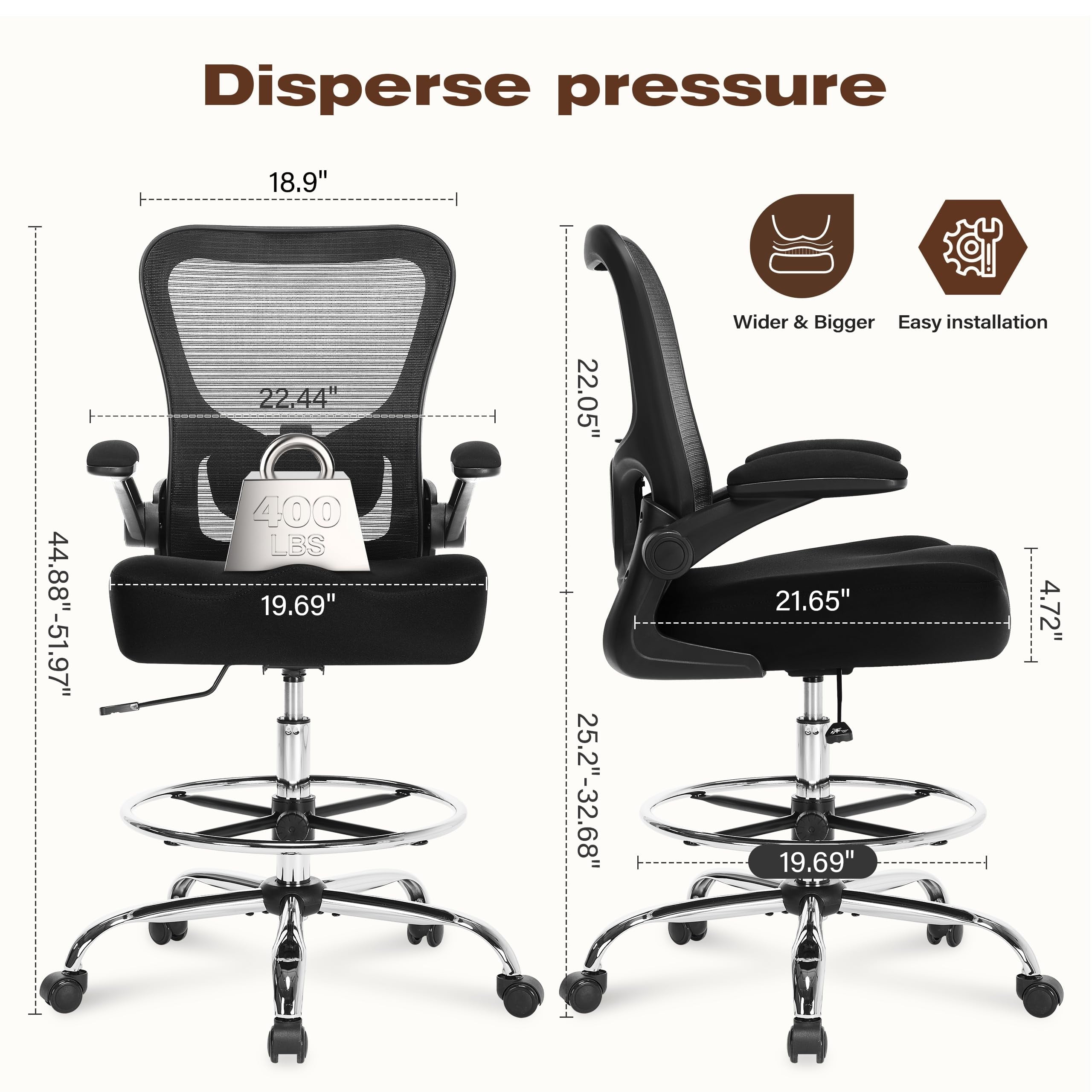 JONPONY 400LBS Drafting Chair, Tall Office Chair with Adjustable Lumbar Support&Footrest Ring, Comfy Extra Deep W-Shape Thicken Cushion, Breathable Mesh Standing High Desk Chair