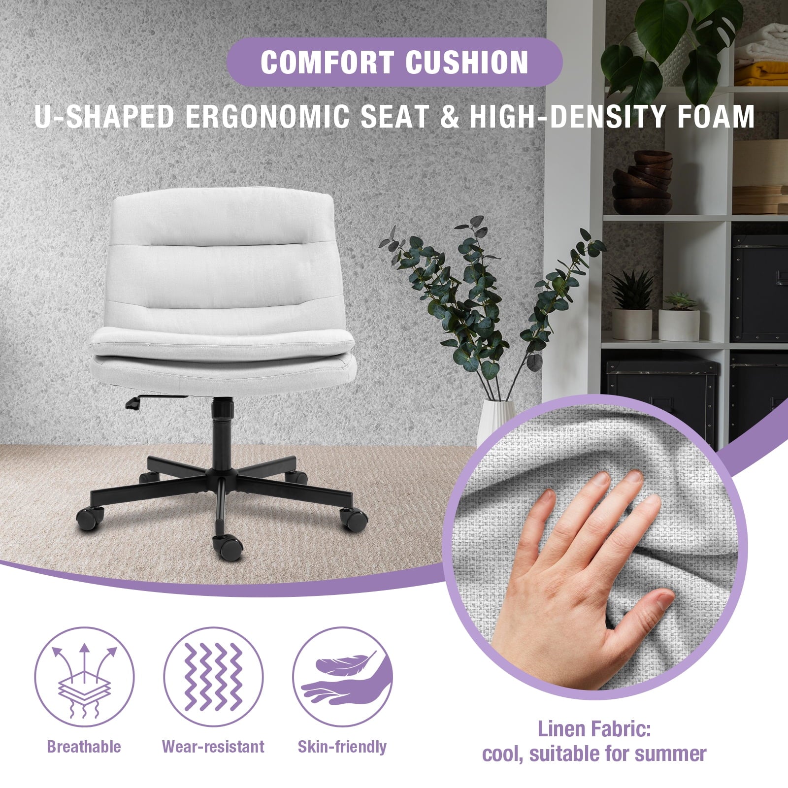 Criss Cross Legged Chair Ergonomic Home Office Desks Chair with Casters, Armless Wide Comfy Vanity Desk Seat Swivel Rolling Computer Chair, Adjustable Height, Rocking Function, Beige