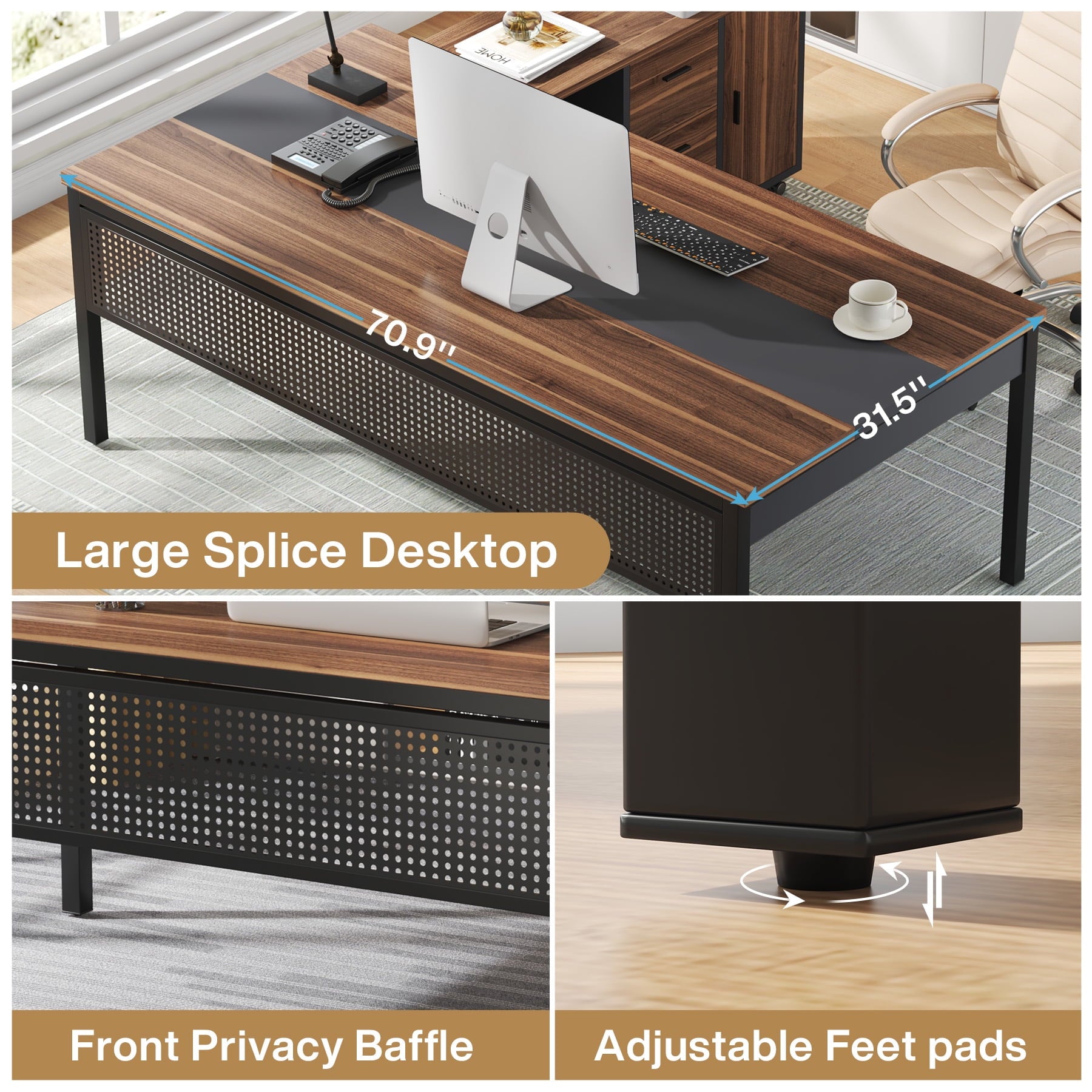 Tribesigns 70.8" Large Computer Desk with 47" File Cabinet, L Shaped Executive Office Desk Workstation, Walnut & Black