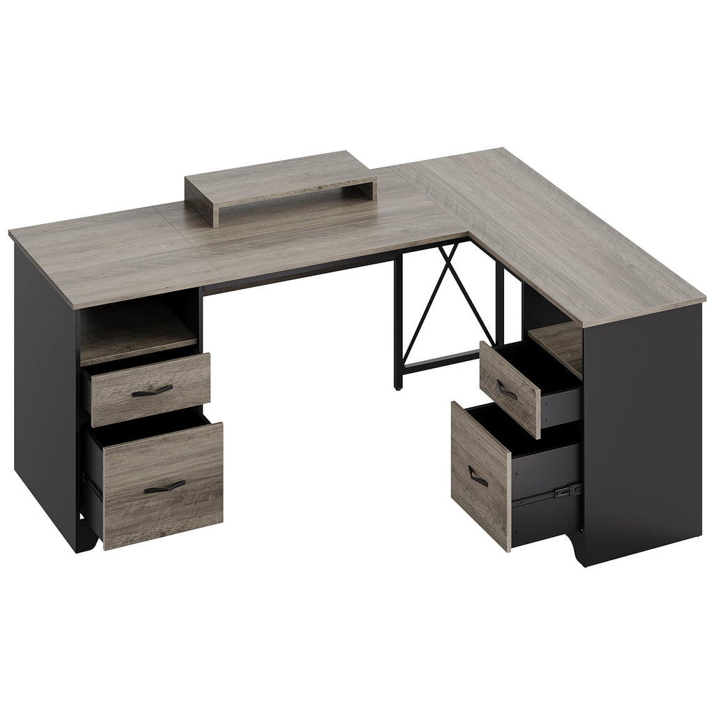 Bestier L Shaped Desk with 4 Drawers, 63" x 47" Executive Desk with Monitor Stand, File Drawers for Home Office, Gray