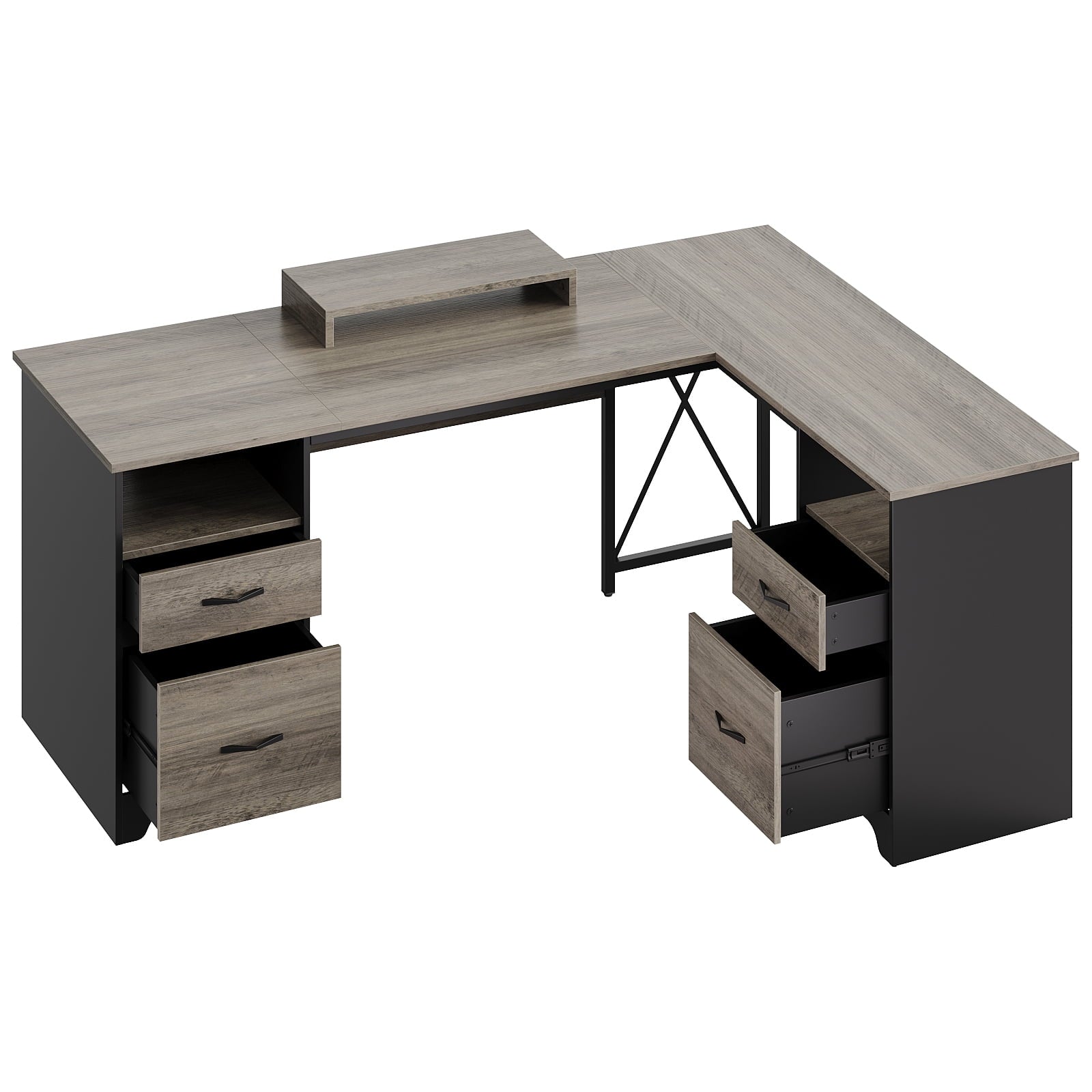 Bestier L Shaped Desk with 4 Drawers, 63" x 47" Executive Desk with Monitor Stand, File Drawers for Home Office, Gray